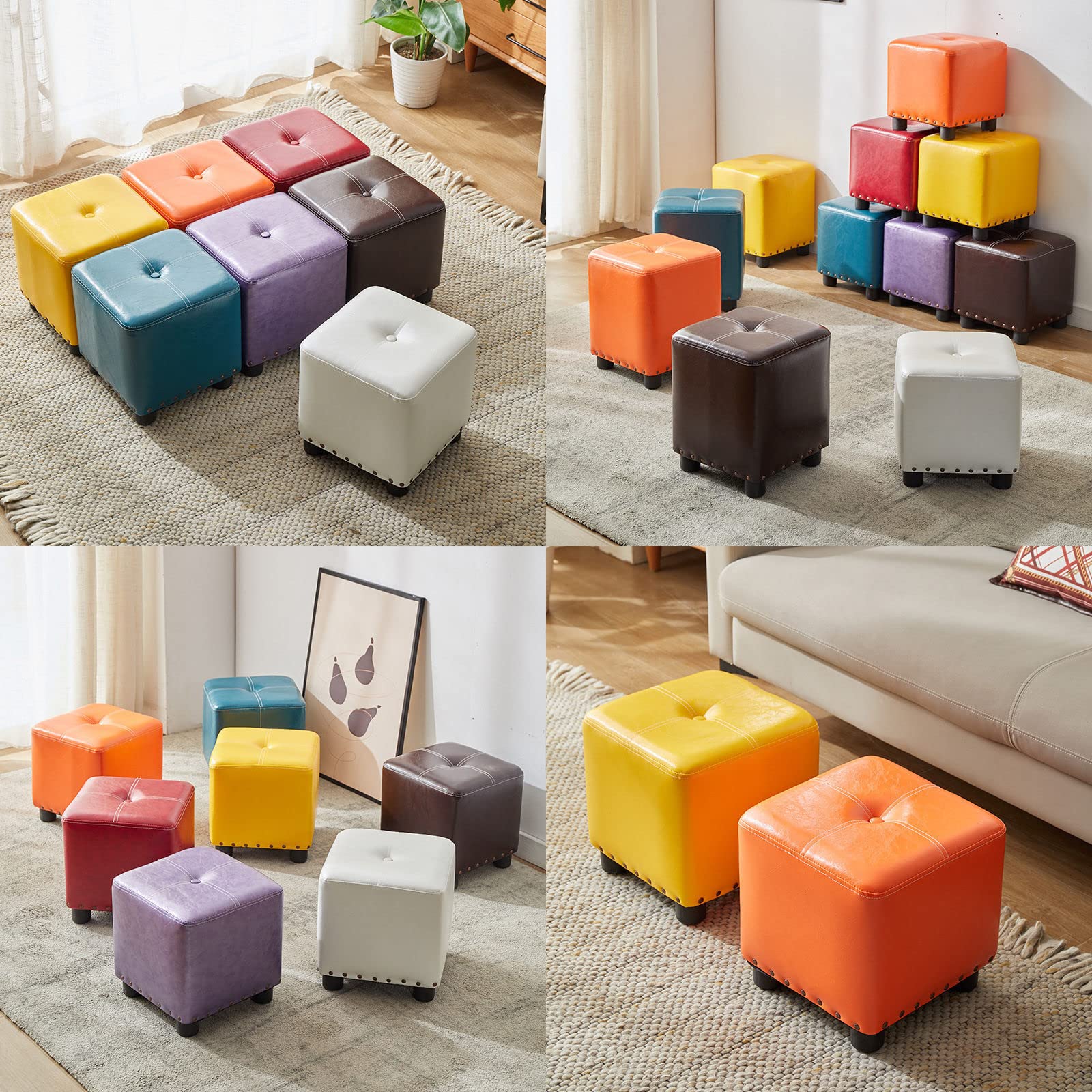 Amazon.co.jp: レザーキューブプーフオットマン,無垢材フットスツール