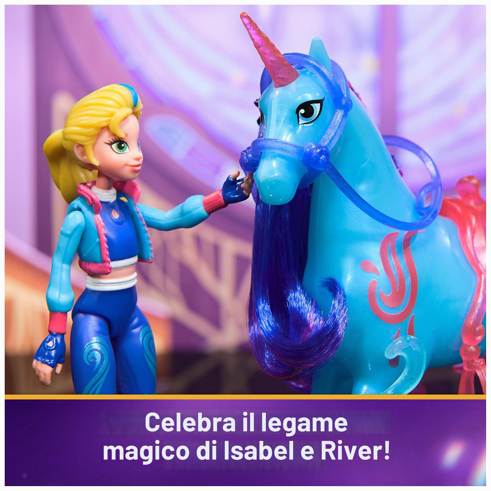 Unicorn Academy Set – Isabel e Unicorn River con vera criniera e coda e spazzola, circa 12 cm personaggi originali della popolare serie Netflix, per bambini dai 4 anni in su