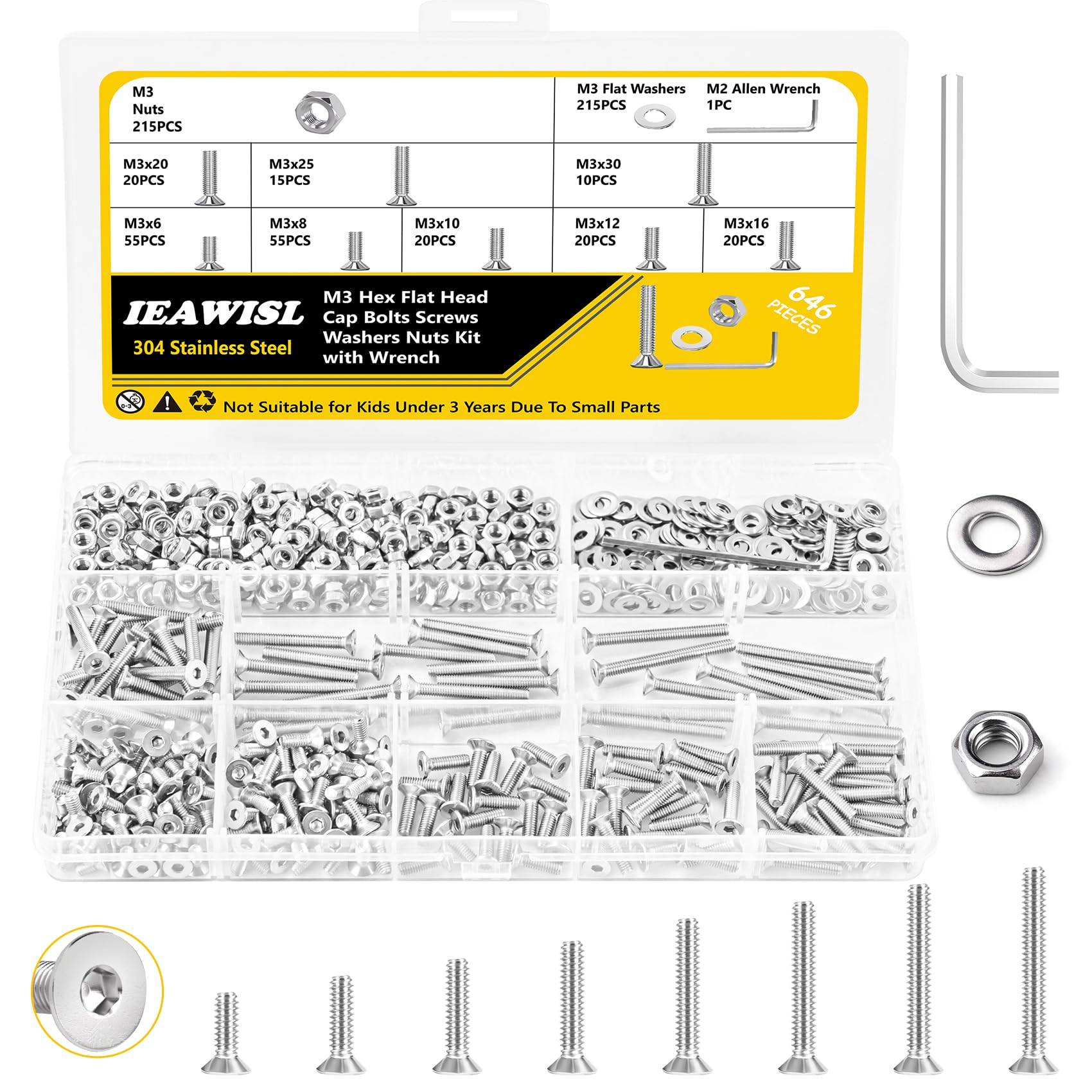 646 Pcs M3 Screws Set, Countersunk Bolts and Nuts, Stainless Steel Flat Head Screws Bolts Washers for Repair and DIY, Machine Screws Bolts with Wrench