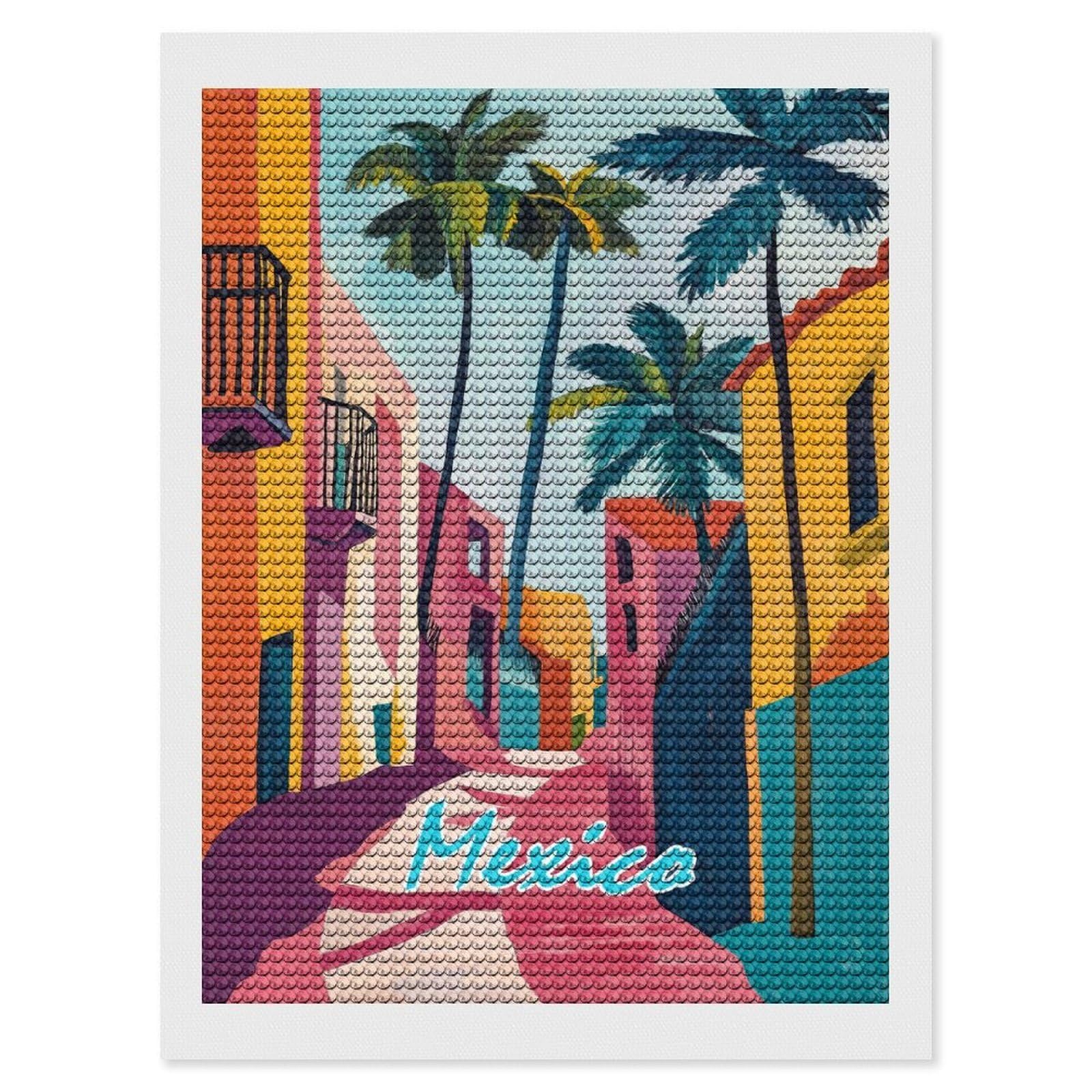 Junmoney Mexico Street Scene Diamond Art Canvas 12"x16", for Adults, Printed Canvas, Home Wall Decor, Gift Idea, Mindful Craft Activity