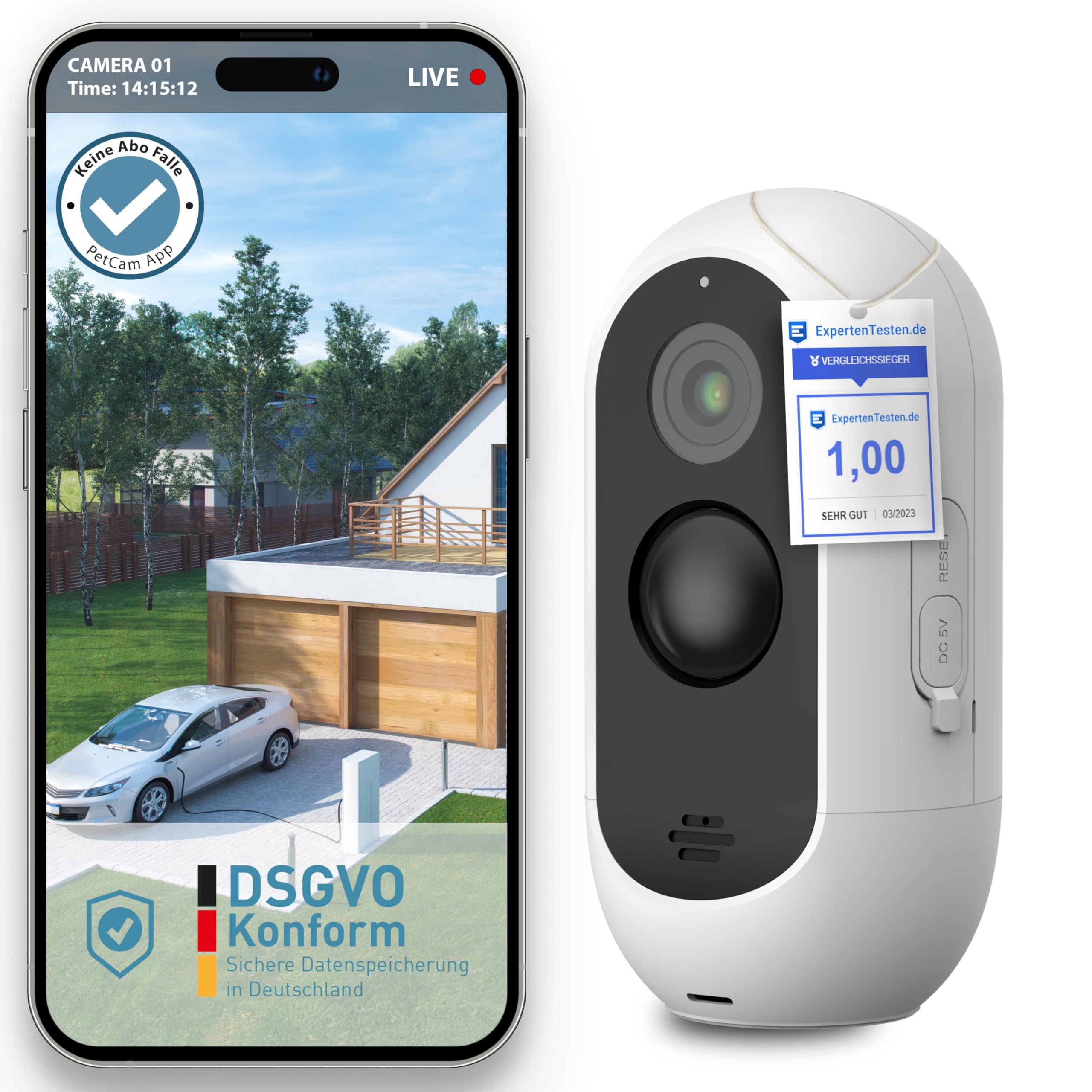 PetTec® CAM Free - Cámara Inalámbrica para Mascotas con App [SIN SUSCRIPCIÓN] - para Gatos y Perros, Interior/Exterior - Detección de Movimiento, Función de Voz - Batería hasta 9 Meses sin Cargar