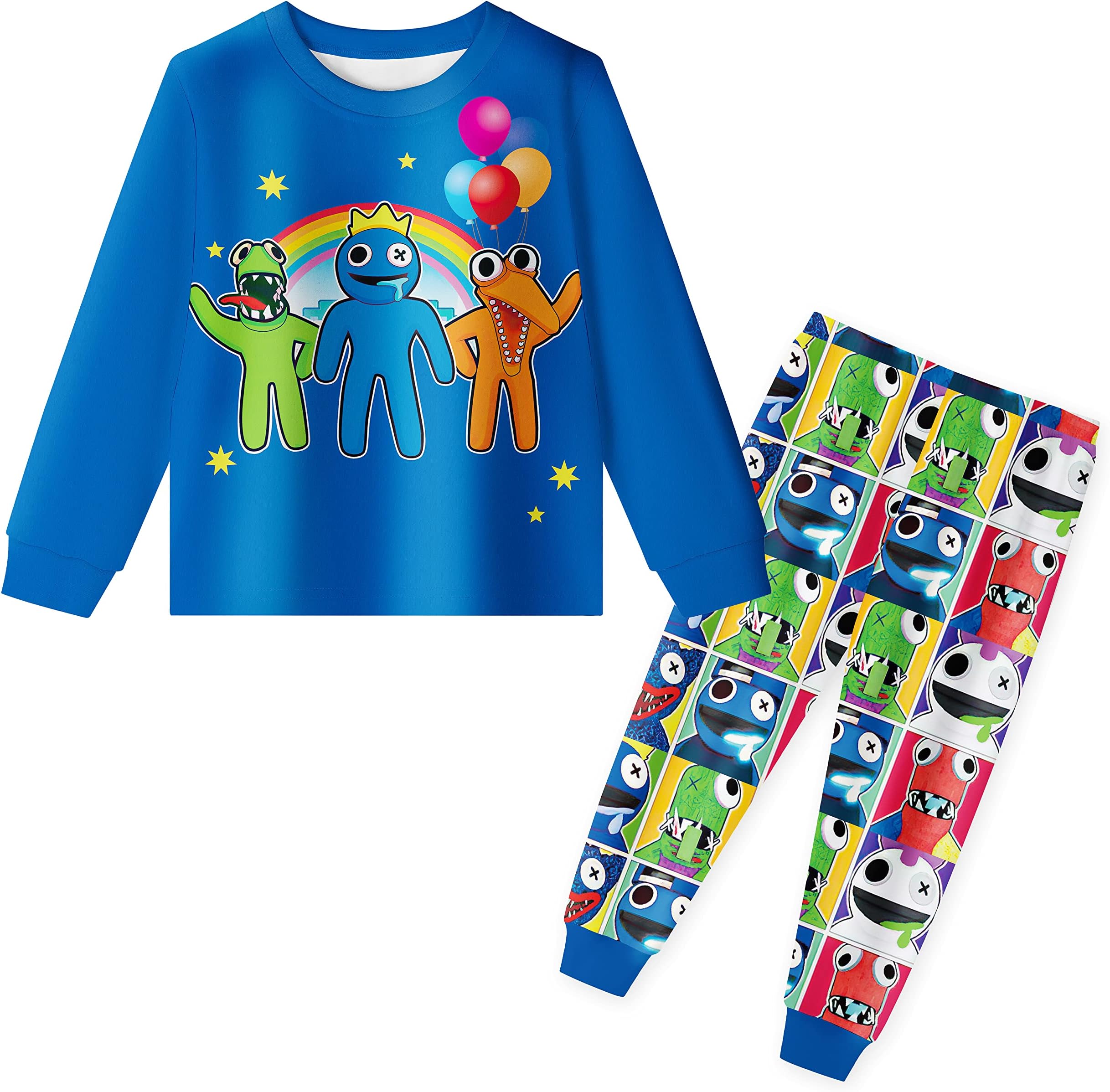 YAMY Toys Boys Rainbow Friends Pants Sets Kids Blue Long Sleeve Tee Shirt 2PCS Cartoon Horror Game Clothing Set Playwear