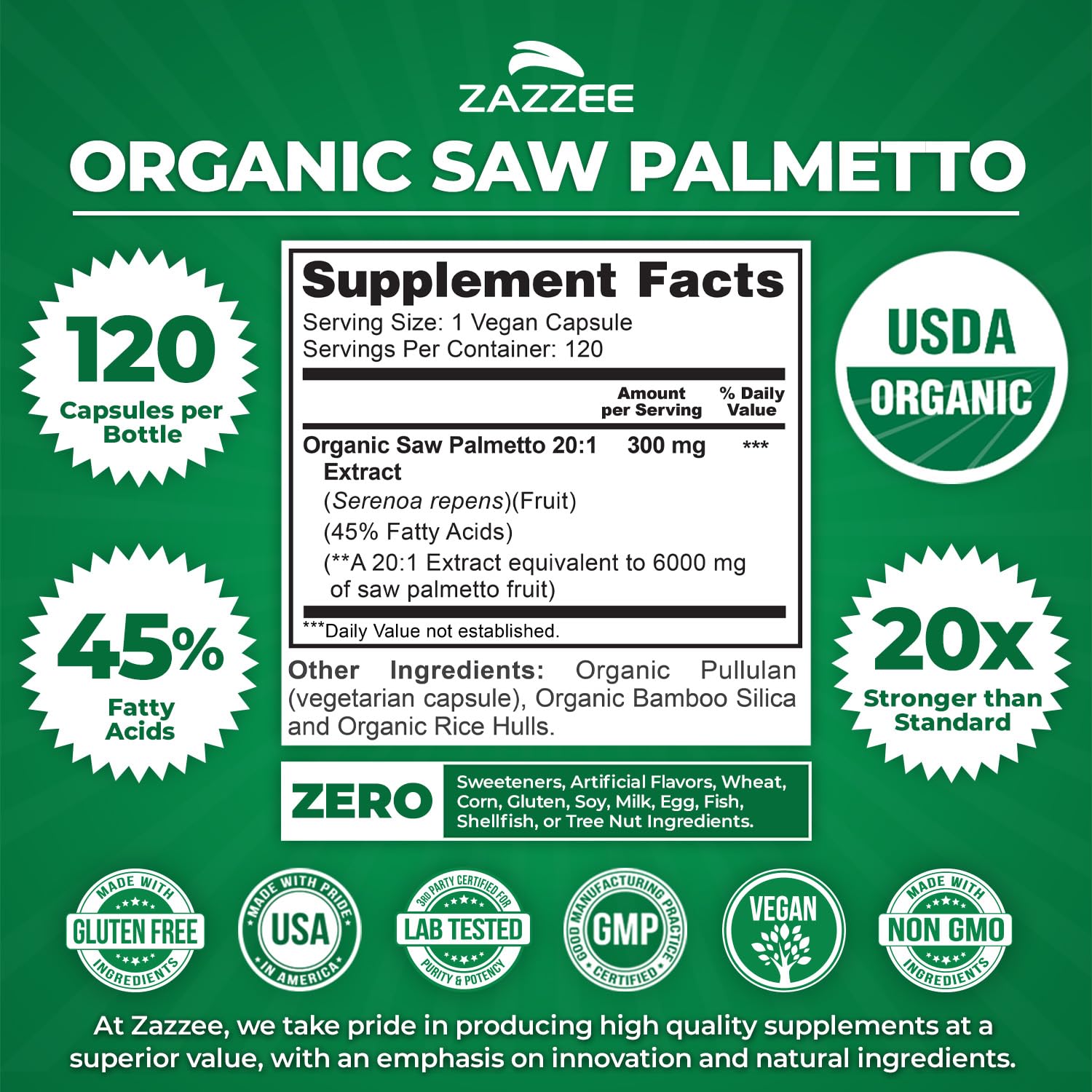 Zazzee USDA Organic Saw Palmetto 20:1 Extract, 40% Fatty Acids, Vegan — Amazon image 3