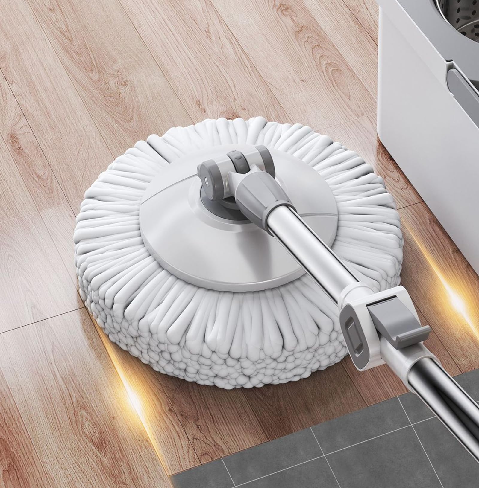 Juego de fregona giratoria y Cubo con 5 Cabezales de Microfibra de Recambio, Mango Extensible, Sistema de autoescurrido, Ideal para Todo Tipo de Suelos Duros.