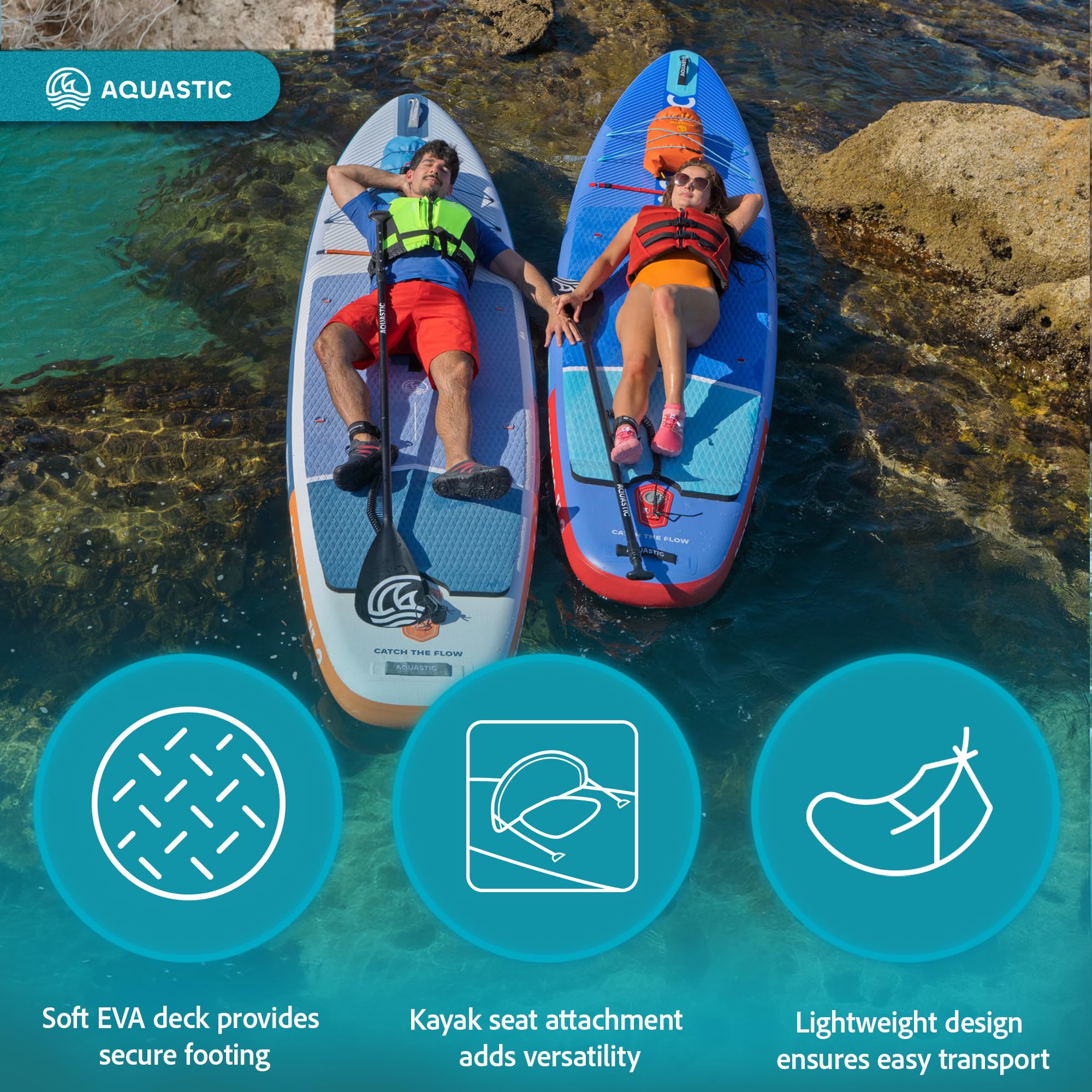 AQUASTIC Perth Pro 11'5.1 cm uniwersalna deska SUP Drop Stitch Lite, pianka 5 mm, zestaw z regulowanym wiosłem 2 w 1, statecznikiem wsuwanym, siedziskiem kajakowym, 2-drożną pompką i plecakiem do