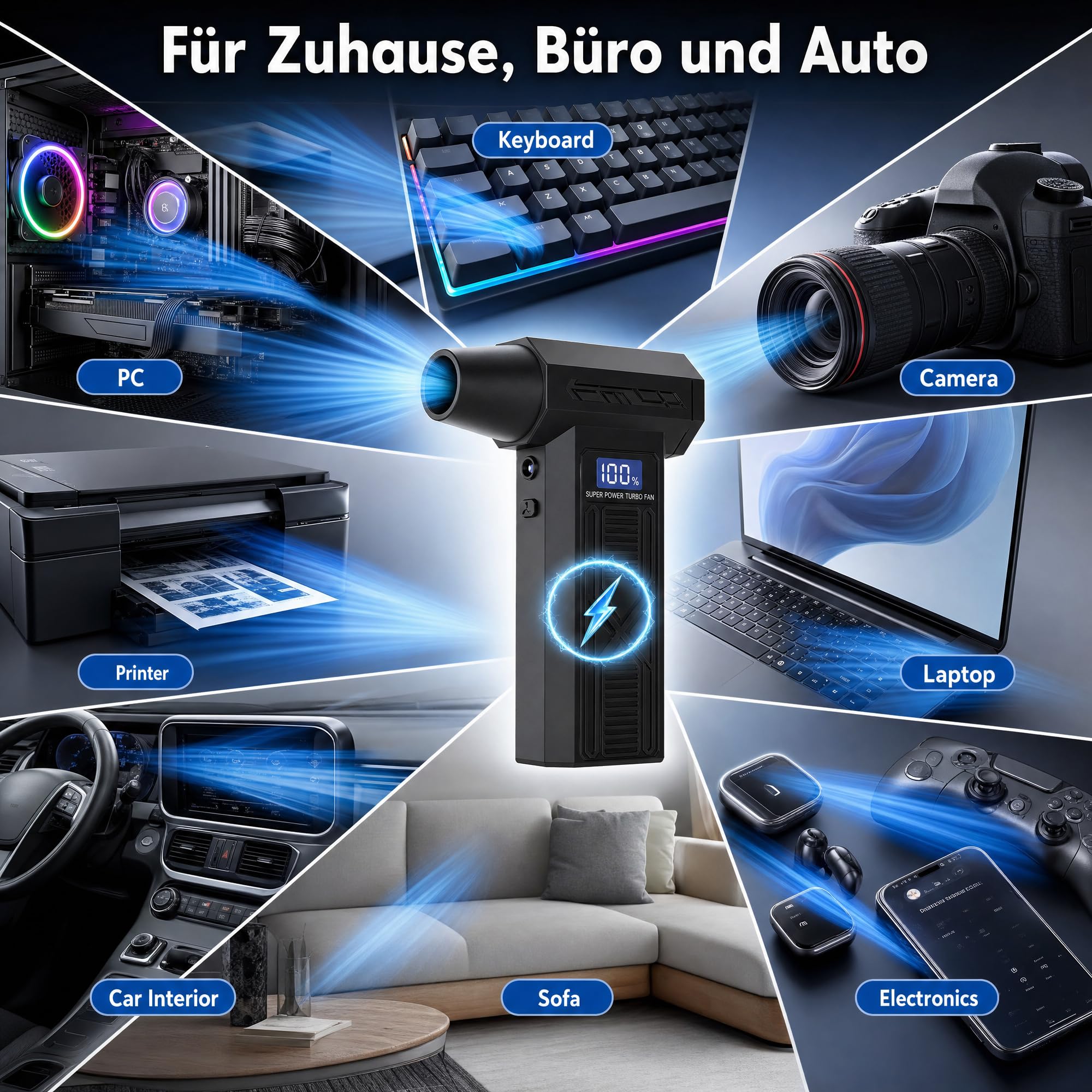 Soffiatore Aria Elettrico 120000 RPM, Aria Compressa Elettrica | Ricaricabile 5200 mAh, Motore Brushless, 4 Velocità, Display LED, Kit Pulizia PC per Tastiera, Computer ed Elettronica