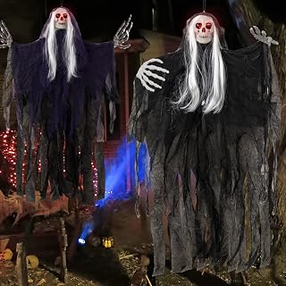 Halloween Hanging Decorations Outdoor-2 Pack Halloween Hanging Skeleton Ghost Decorations-37 LED Light Up Red Eye Hanging Grim Reaper with Hair for Halloween Indoor Outdoor Yard Decor Supplies