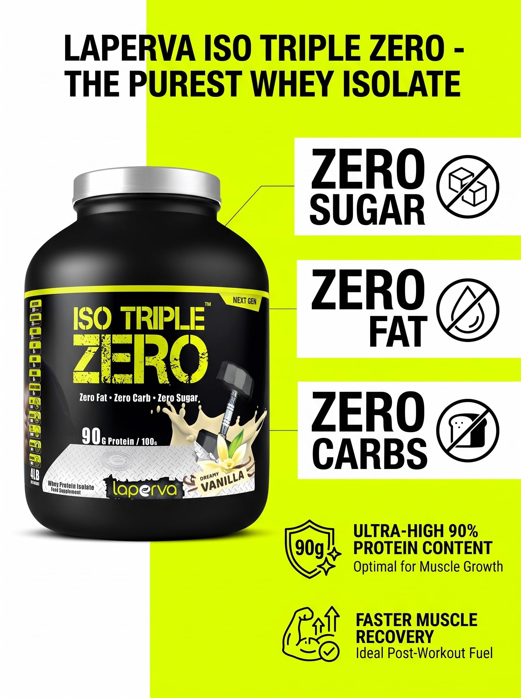 Laperva ISO Triple Zero Whey Protein Isolate – Over 27g Protein, Zero Carb, Zero Sugar, Zero Fat – BCAA-Rich, Fast Absorption, Soy-Free, Halal-Certified (4lb - 60 Servings) (Dreamy Vanilla)