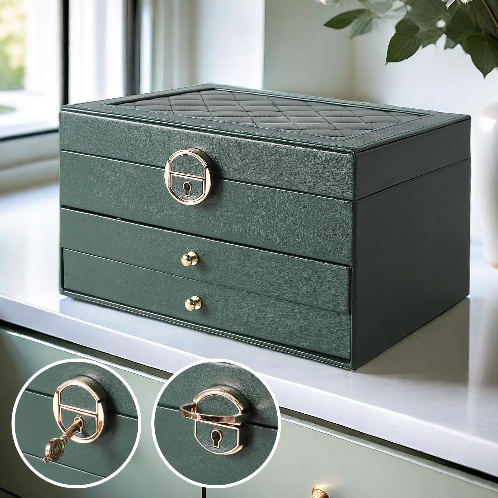 3-Layer Jewelry Organizer Box With Lock – Vintage PU Leather Jewelry Storage Case, Large Capacity With Removable Trays (Green)