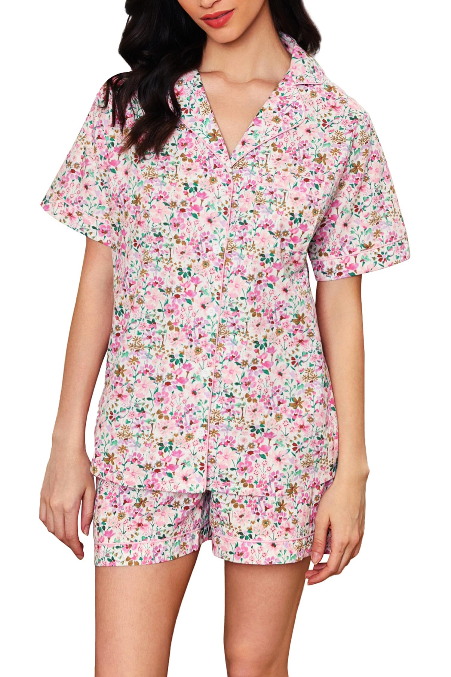 LUBOT 100% Cotton Pajamas for Women 2 Piece PJ Set Poplin Woven Lightweight Ladies Button Short Sleeve Sleepwear S-XXL