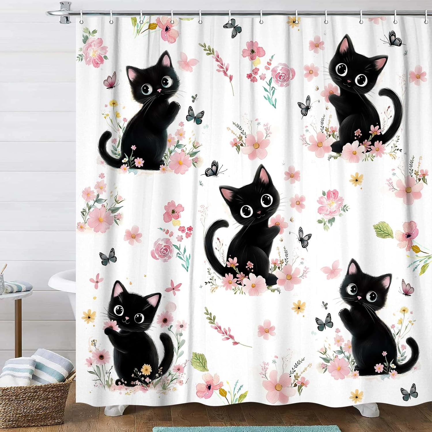 DYNH Cute Black Cat Shower Curtain,Funny Animal Cartoon Cat Pink Red Floral Bathtub Curtains,Modern Aesthetic Retro Rustic Bathroom Decor for Girls Women,70X75 in