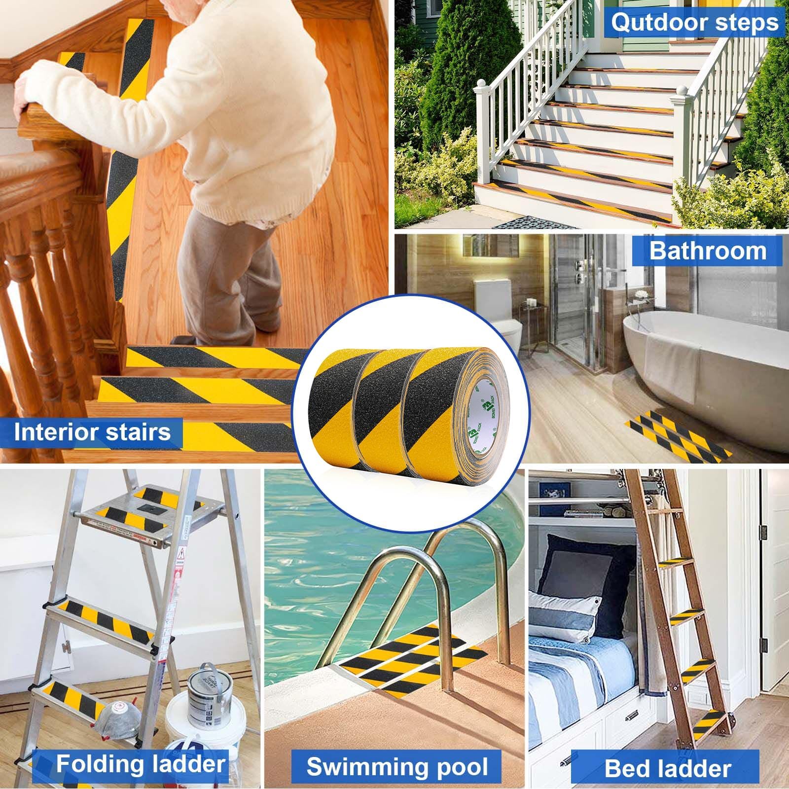 BOMEI PACK Lot de 3 rouleaux de ruban adhésif antidérapant Jaune et noir 50 mm x 10 m Haute adhérence forte adhérence pour marches d'escalier