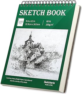 SKETCHERIA 9’’X12’’ Heavy-Weight Sketch Book (68lb/100g), 100 Sheets Acid Free Sketch Pad, Top Spiral Bound Drawing Paper for Artist, Kids, Drawing Pad for Marker, Colored Pencil, Charcoal, Pastels