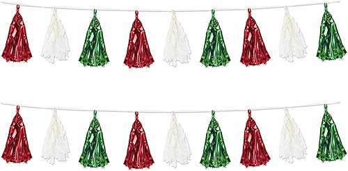 Miniatura 1 de Beistle 2 guirnaldas de borlas metálicas y de tejido, 9.75 pulgadas x 8 pies, rojo/blanco/verde