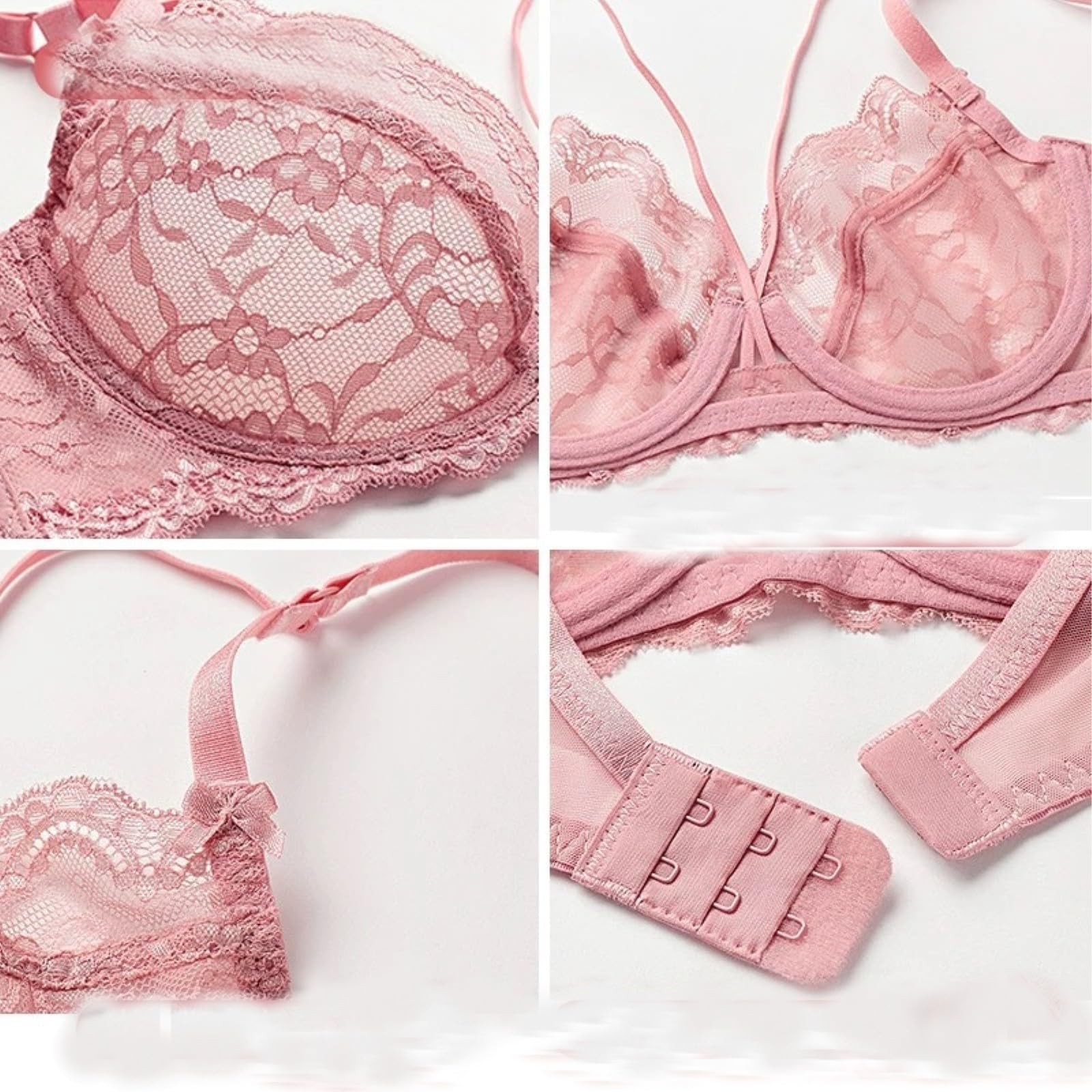 ANTTK - Conjunto de brasier de encaje para mujer, brasier transparente de cobertura completa, brasier push up sin varillas, estilo francés, talla grande, brasier con aros para uso diario