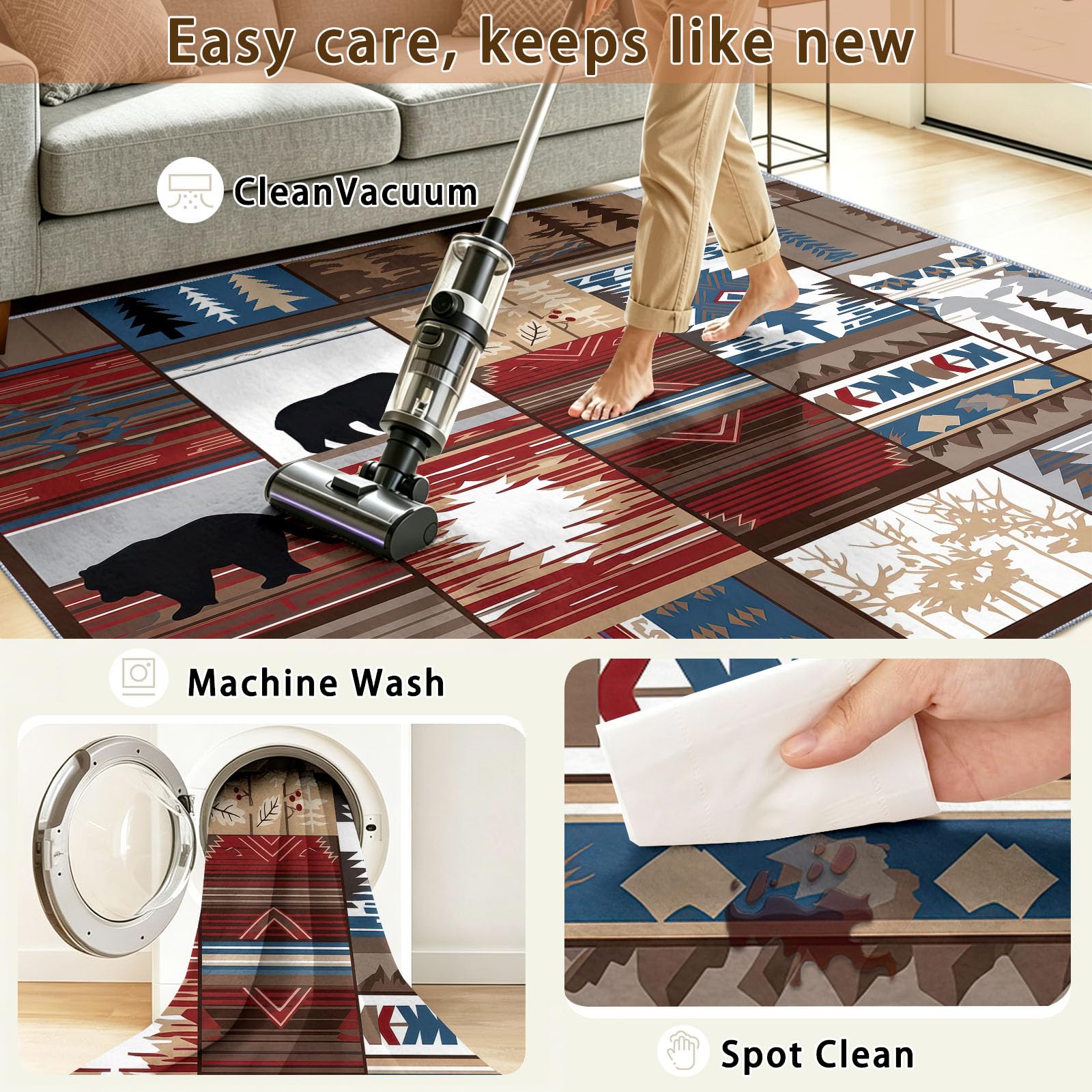 Tapis Rétro Traditionnel 160 x 230 cm Lavable | Poil Court Antidérapant, Tapis Facile d'entretien Géométriques Totems Tribaux Silhouettes Animales, Choix pour Chambre d'amis Salon et Salle à Manger
