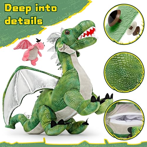 Vista 3 de MorisMos Juego de 7 animales de peluche de dragón verde, juguete de peluche de 21 pulgadas con 4 dragones bebé y 2 huevos en el interior, juguete