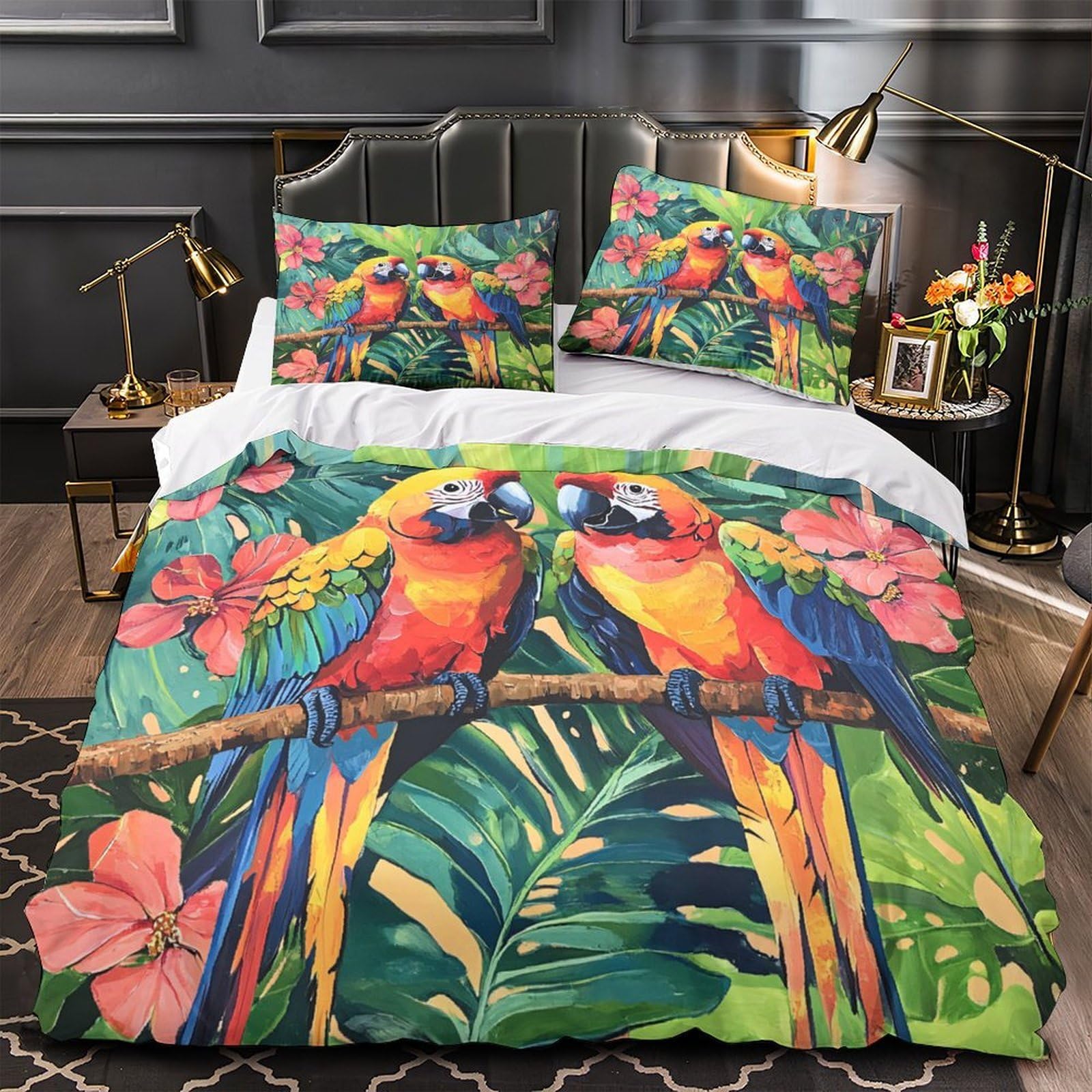 Housse de couette perroquet coloré en microfibre pour décorer la chambre ado