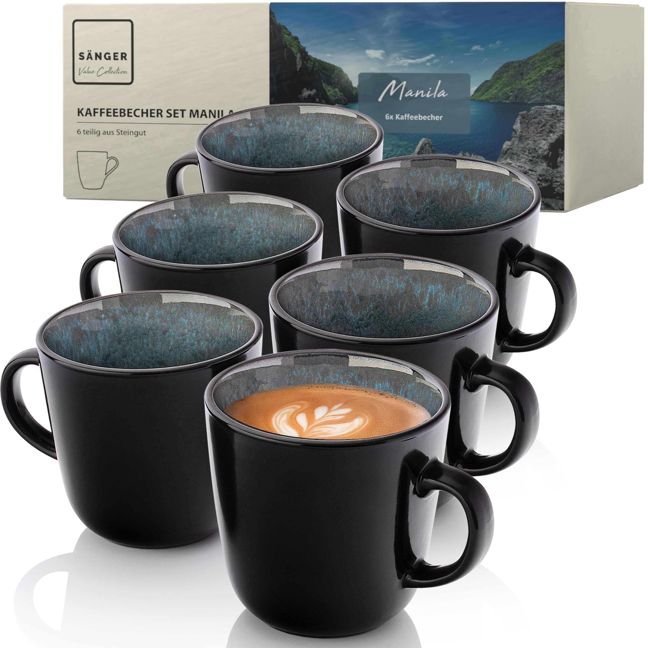 Sänger Manila | Kaffeebecher 6 Personen, Steingut Kaffeetassen Set 6er, Tassen Set Teetasse Set spülmaschinenfest mikrowellenfest, Coffee Mug blau mit schwarzem Rand 400 ml | VALUE COLLECTION