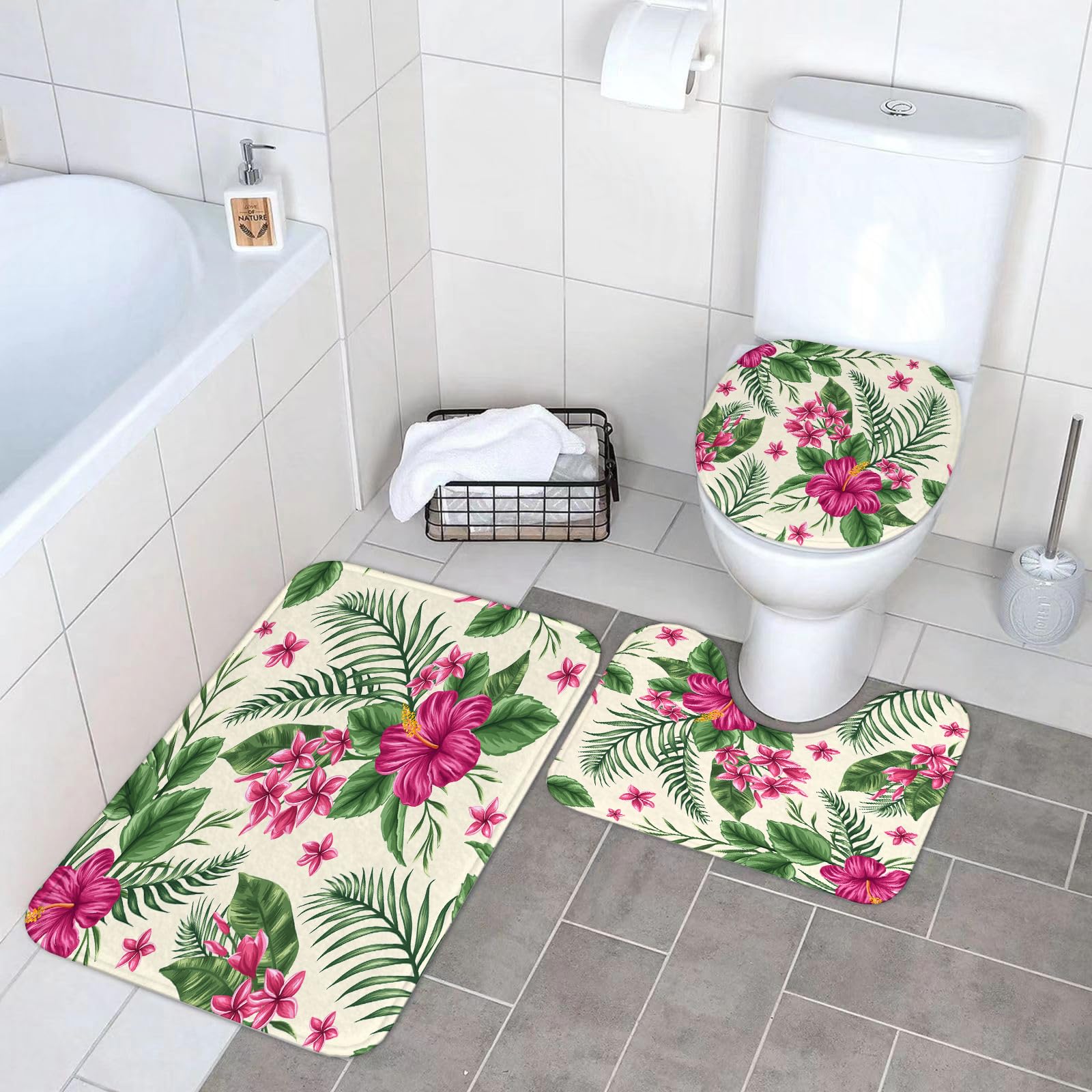 Set di 3 tappetini da Bagno, Lavabili in Lavatrice e Antiscivolo, in Morbida Fibra Superfine, con Stampa Acquerello, Plumeria e Ibisco, Tema Isola Tropicale, Natura, Aloha Hawaii.