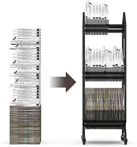 Miniatura 7 de VENNQD Estantería de metal industrial para libros, soporte de 3 niveles con ruedas, diseño moderno y elegante, revistas, archivos, álbum de recetas,