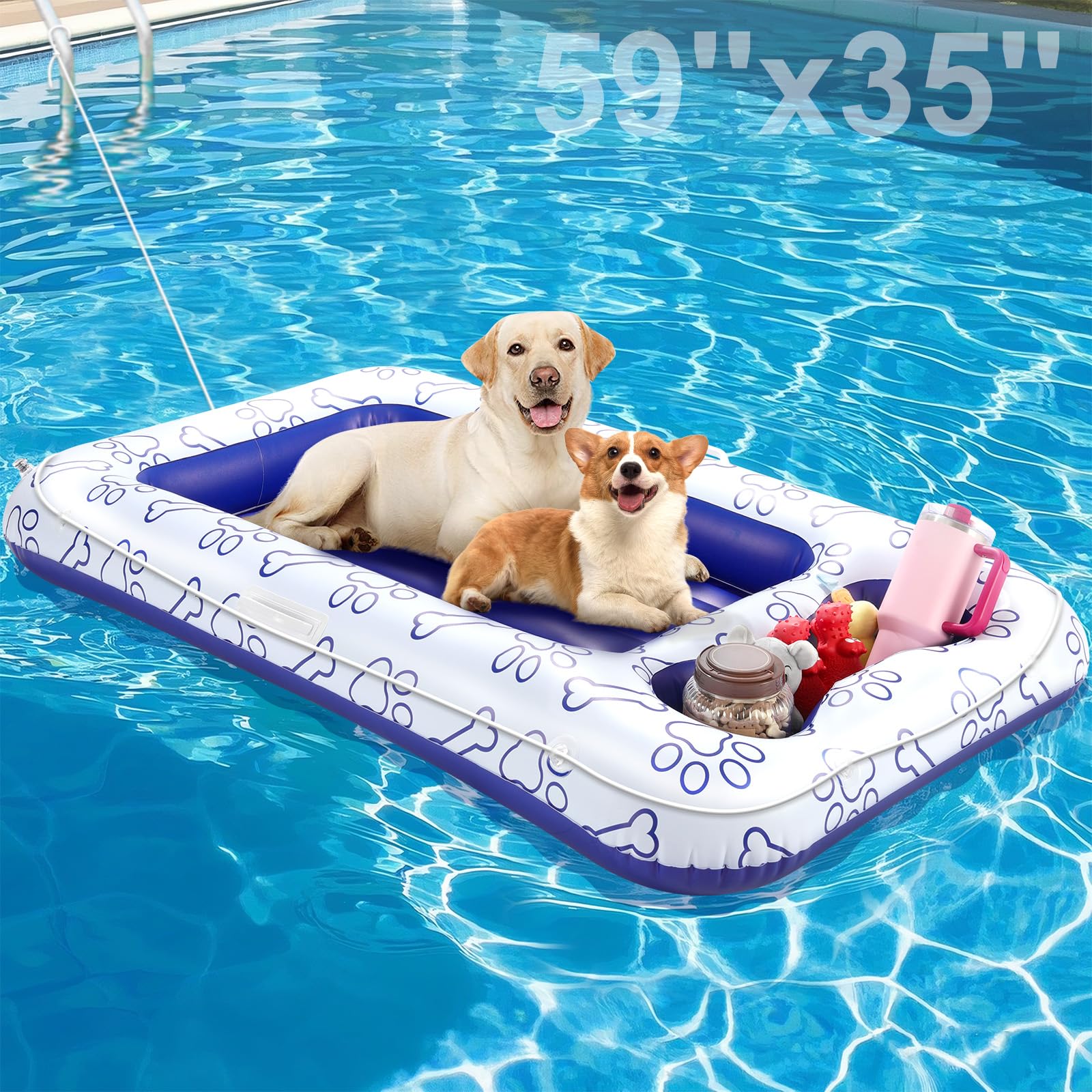 Pawaboo Dog Pool Float, Inflatable Pet Pool Floats for Medium Large Dogs Up to 220 lbs, Dog Raft and Float for Pool with Dual Handles Snack Area, Dog Floating Lounger for Pool Beach Lake, Blue