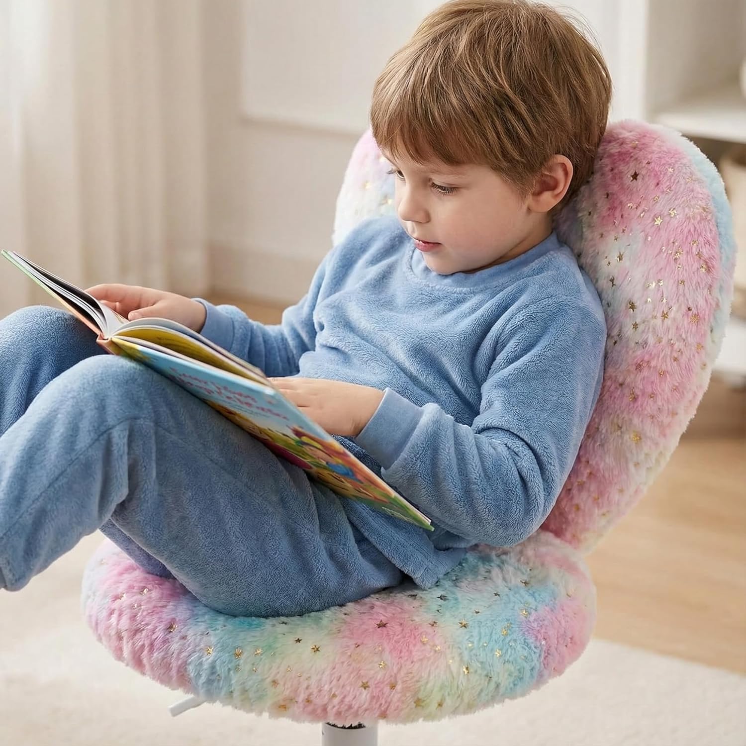 chairus Kids Desk Chair Faux Fur Study Chair for Teenage Girls, Adjustable Heart Shaped Kids Vanity Chair for Bedroom Reading Living Room, Small Cute Student Task Chair with White Foot, Colorful