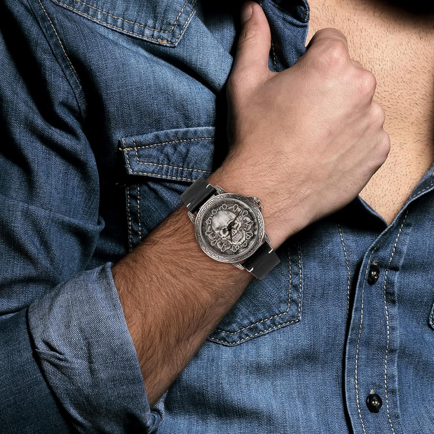 Reloj de pulsera casual de Halloween con diseño de calavera para hombre, correa de piel auténtica, caja de regalo