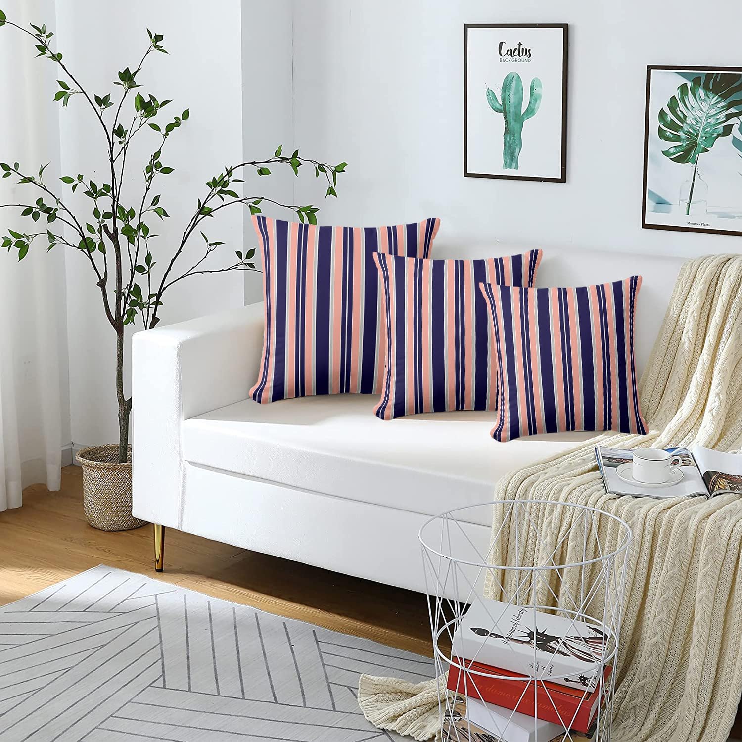 Navy Coral Stripes Outdoor Pillow Covers 20 x 20inches Decorative Pillow Case for Sofa Couch Bed (Pillow Insert Not Include)