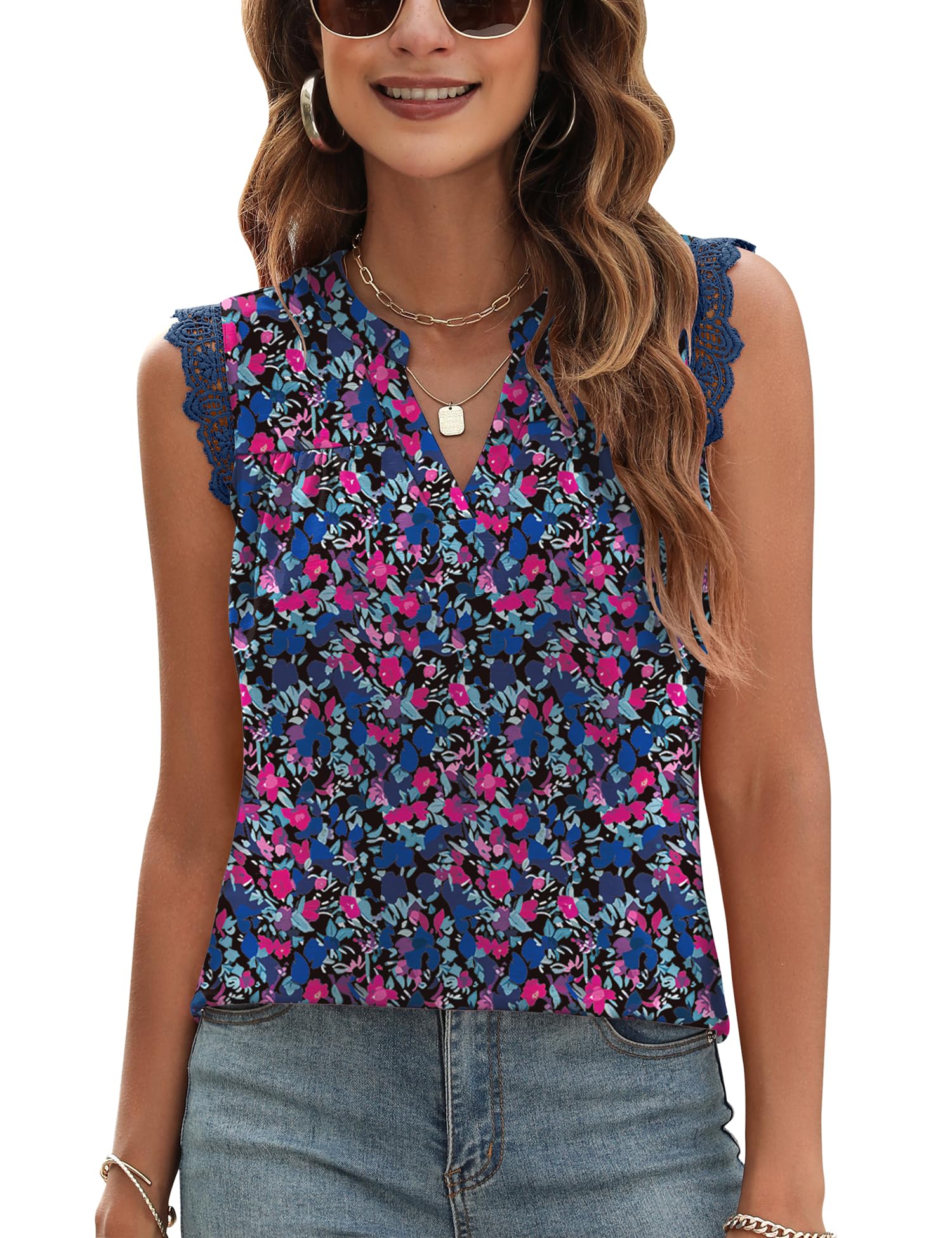 Blingfit Women's V Neck Guipure Lace Tank Tops Sleeveless Dressy Blouses Summer Casual Solid/Floral Tunic Shirts
