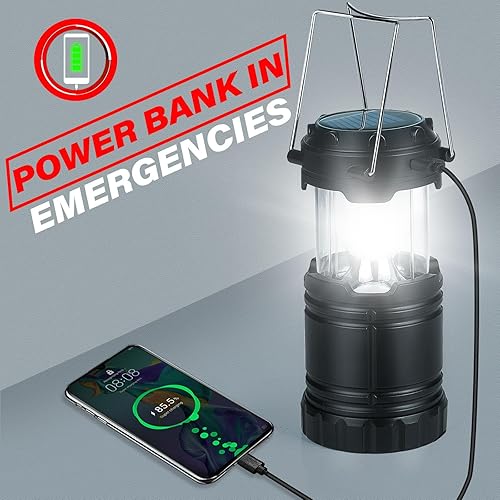 Miniatura 5 de Wsky Paquete de 4 faroles solares para campamento, luces LED recargables, base magnética y gancho plegable para colgar, lámpara plegable que