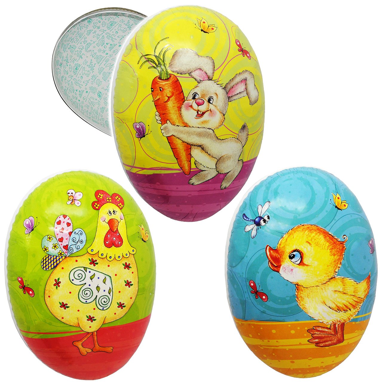 alles-meine.de GmbH Set Ostergras & 10 Füll - Pappeier 15 cm - Bunte Oster Motive - Hase/Küken/Hahn - Osterei/Ei zum befüllen - Deko Pappe Papp Pappeier Dekoei Pappos..
