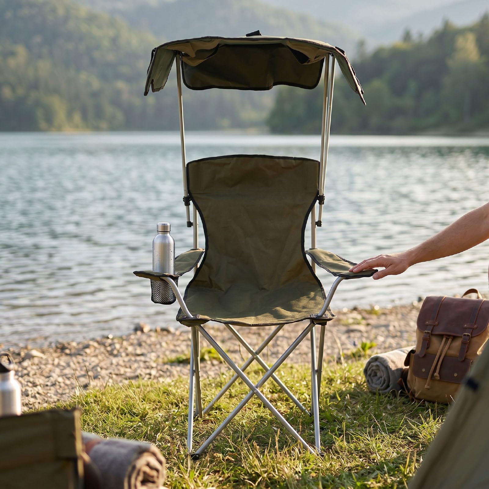 XUMIUZIY Sedia da Campeggio in Acciaio Ad Alto Tenore di Carbonio |Sedia Pieghevole Ergonomica in Tessuto Oxford Verde OD con Tettuccio per Viaggi Picnic Sulla Spiaggia