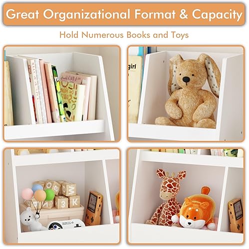 Miniatura 3 de GDFStudio Estantería para niños y organizador de almacenamiento de juguetes, 5 cubículos, estantería abierta de madera con 2 cubos grandes y patas