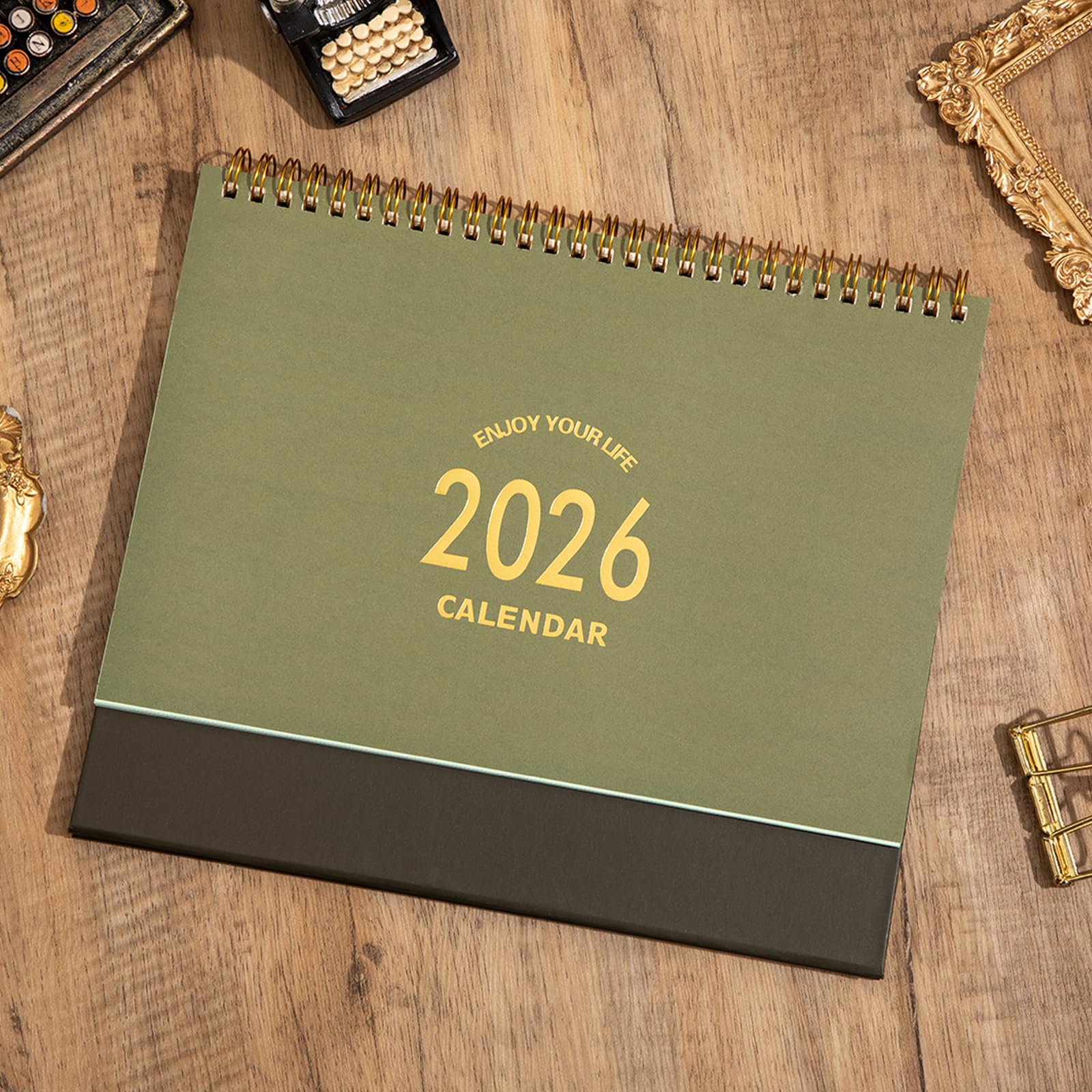 Tischkalender 2025–2026, monatlicher Schreibtischkalender von Juli 2025 bis Dezember 2026 – Stehender Flip-Desktop-Kalender – dickes Papier Doppeldrahtbindung für Zuhause oder Büro (L-Grün)