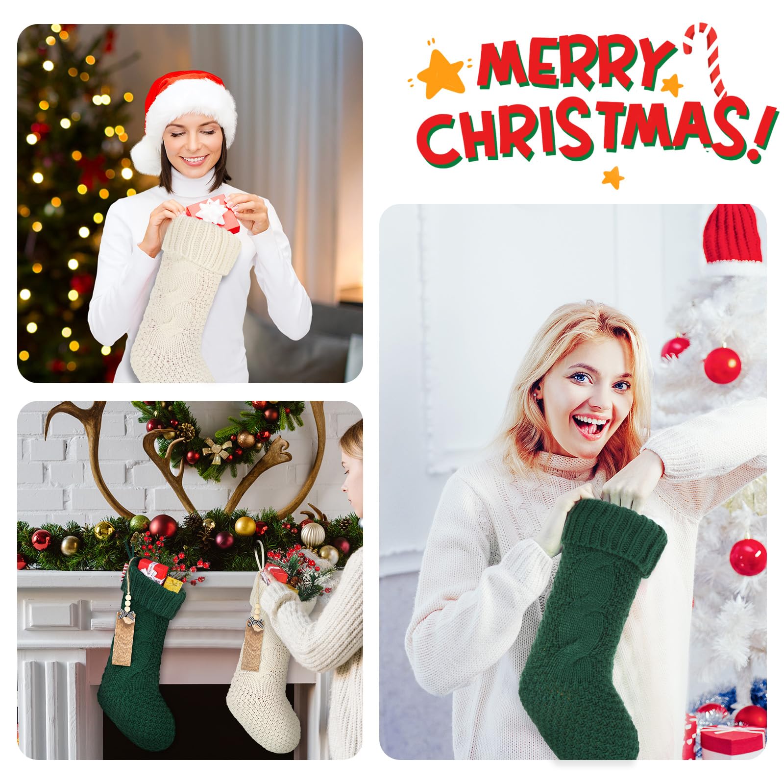 Cozypower Weihnachtsstrümpfe mit Namensschild, 45,7 cm, große Zopfstrickstrümpfe, Weihnachtsstrumpf, Kamin, hängende Strumpf, Geschenktüten für Kamin, Weihnachtsbaumschmuck (weiß, grün), 4 Stück
