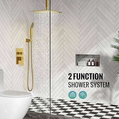 Miniatura 2 de SR SUN RISE Sistema de ducha montado en el techo de 12 pulgadas, mezclador de lluvia, sistema de cabezal de ducha de lluvia, dorado cepillado, Oro