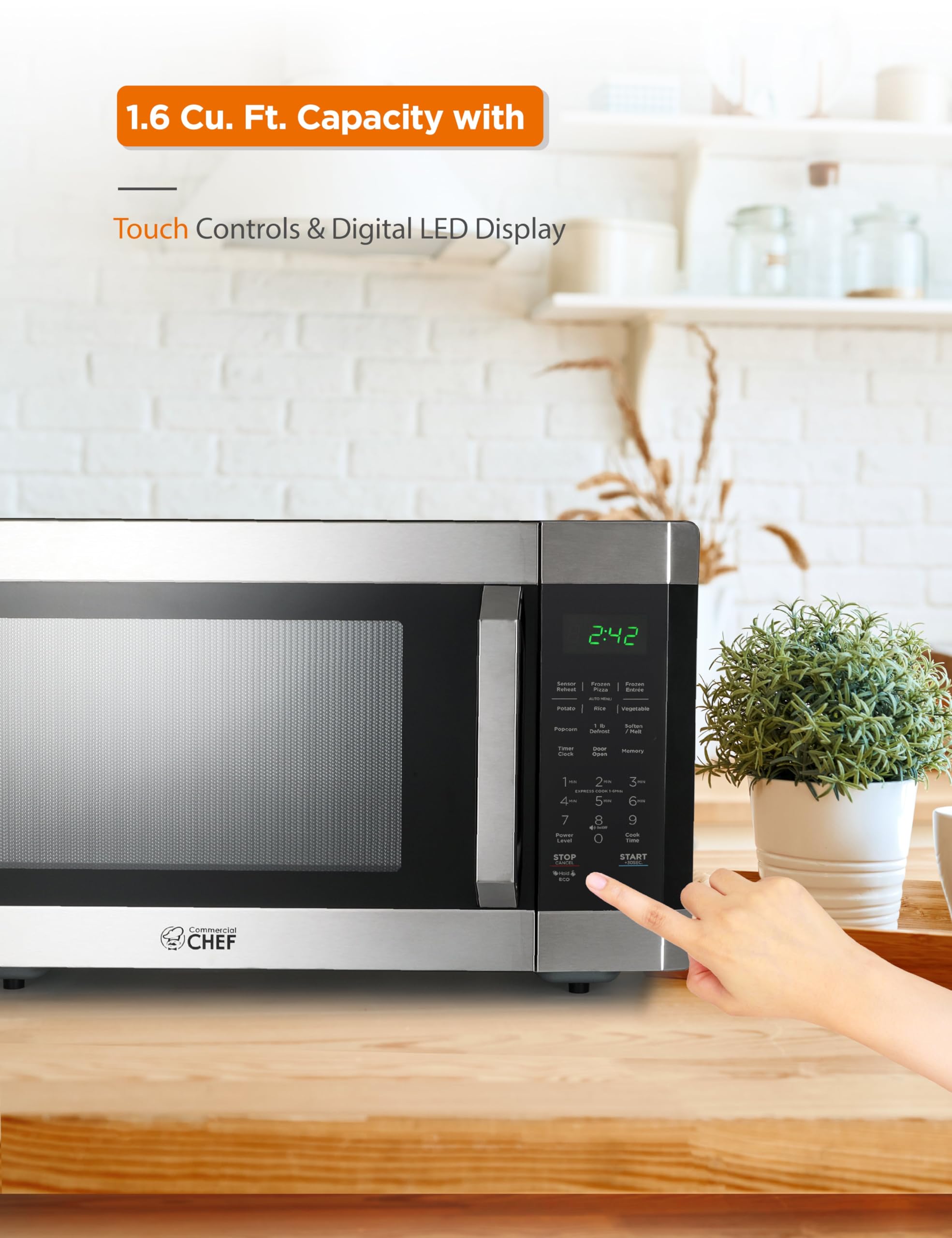 Microondas de 1.6 pies cúbicos con 10 niveles de potencia, microondas pequeño con mango de tracción para niños, microondas de 1100 vatios con paneles de control digital, acero 6