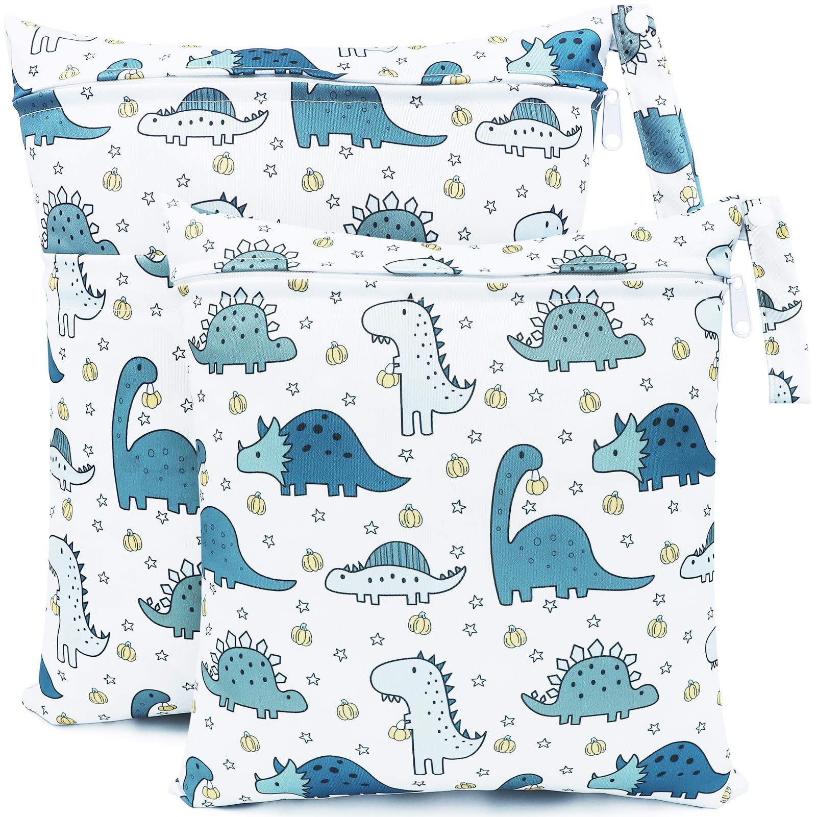FenFang Wetbag Kindergarten, 2 Stück Nasstaschen Windeltasche Stoffwindeln Nassbeutel Organiser Beutel Wickeltasche Taschen Wasserdicht Wiederverwendbar (Weißer Dino)