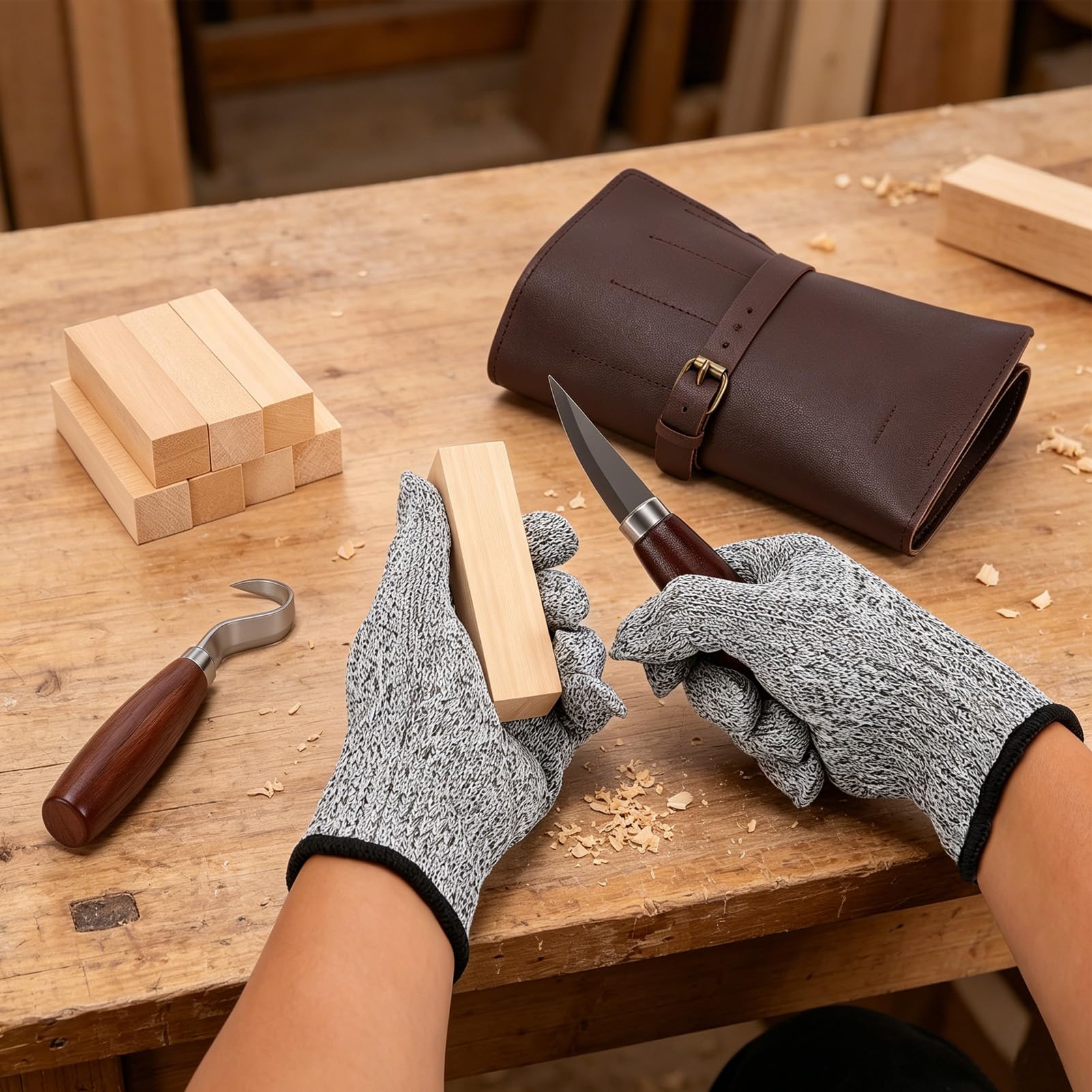 Schnitzwerkzeug Holz Schnitzset, 25-teiliges Schnitzmesser Set mit Lindenholz zum Schnitzen, Schnittschutzhandschuhe, Ein Ideales Schnitzset für Anfänger und Erwachsene