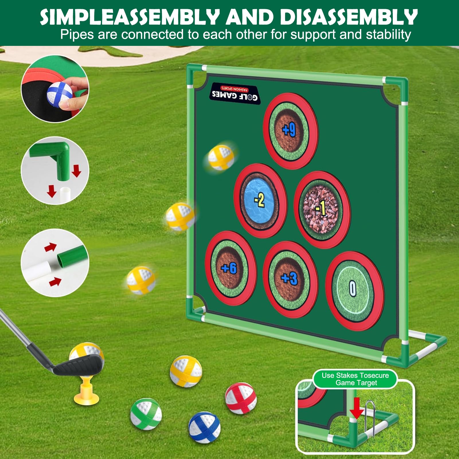Golf Spielset für Zuhause mit Puttmatte, Klebebällen & Tragetasche – Cornhole-Spiel für Garten, Jugendliche & Erwachsene