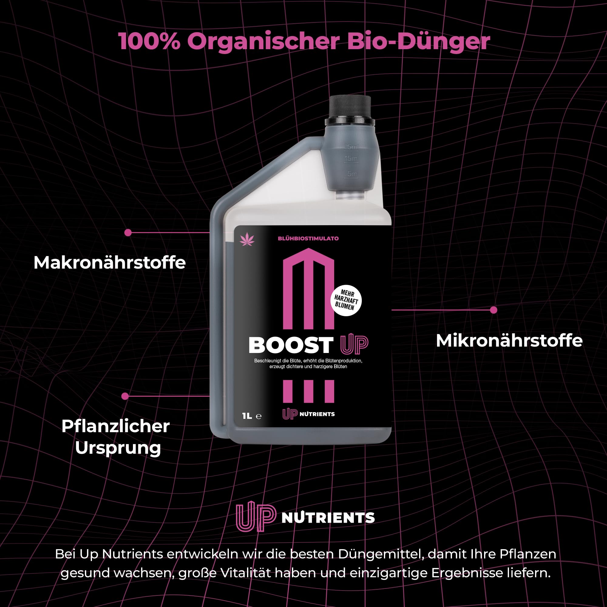 UP NUTRIENTS BOOST UP 1 L | Bio-Blühstimulator & Blütenbooster | Erhöht Blüten-, Frucht- & Knospenbildung | Mehr Dichte & Harz | NPK 1,5-0-1,2 | 100% Pflanzlich