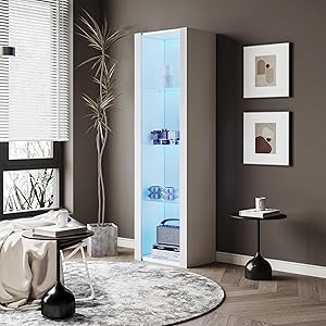 Vitrina blanca brillante con iluminación LED, 3 estantes de cristal, vitrinas, vitrinas, armarios de almacenamiento, armarios altos (blanco, 55 × 38 × 166 cm)