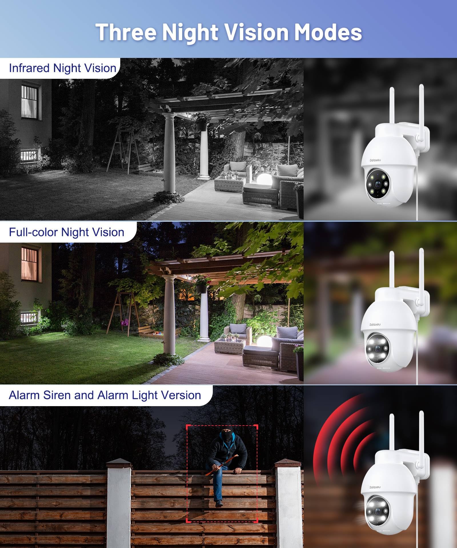 GALAYOU Camara Vigilancia WiFi Exterior - 2K Camaras IP Vigilancia Domicilio WiFi 360° con Visión Nocturna en Color, Alerta de Movimiento, 24/7 Grabación en Tarjeta TF, IP65, Compatible Alexa