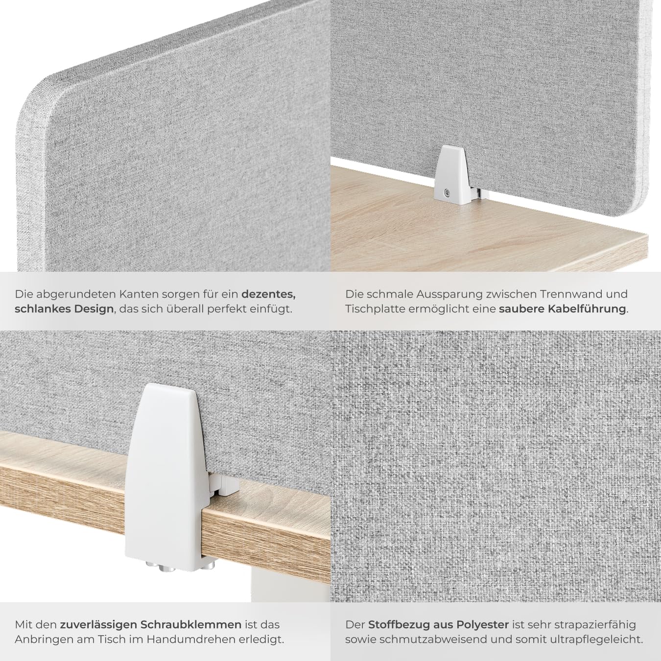 tectake® Schreibtisch Trennwand, Akustik Polster, Tischtrennwand, Sichtschutz Schreibtisch, Schallschutz Büro, Schule oder Home Office, Pinnwand, einfache Montage ohne Bohren, 160 x 40 cm - grau