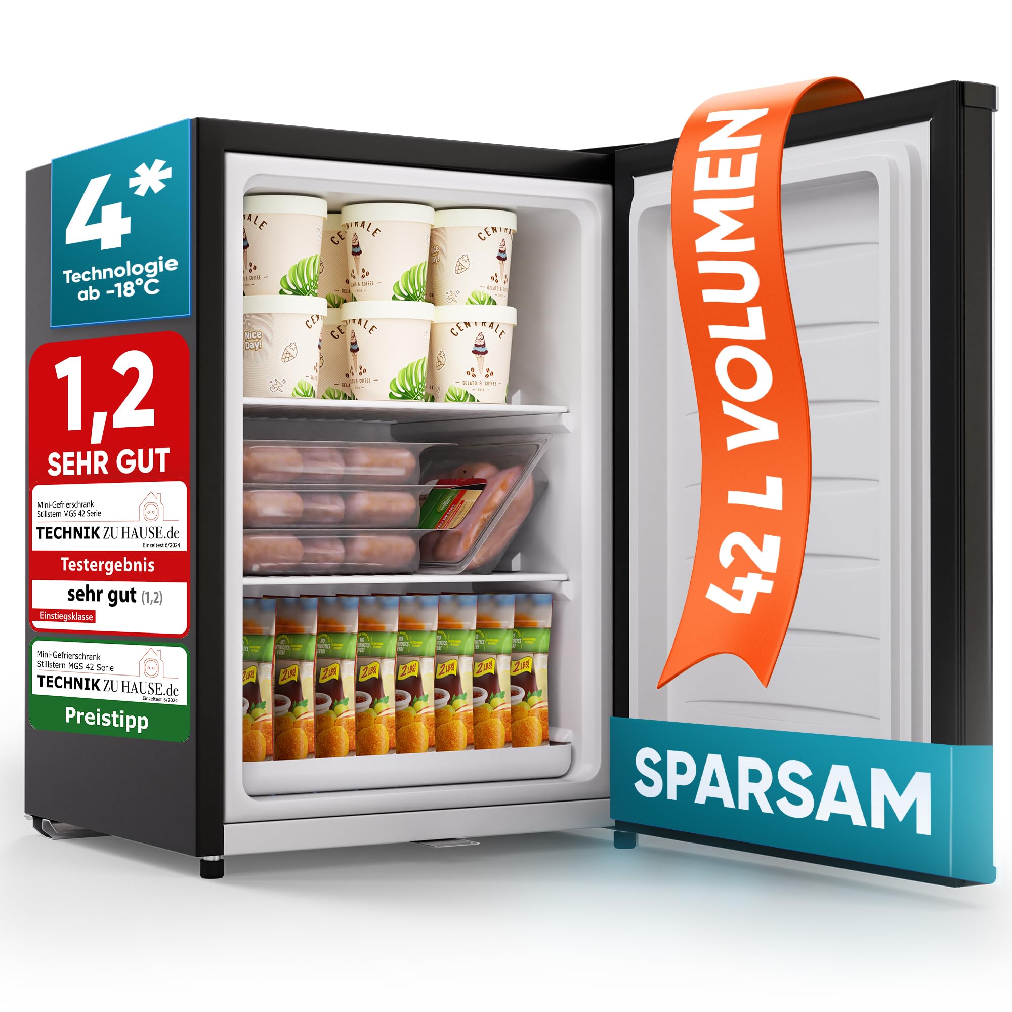 Stillstern Mini Gefrierschrank (42L) -18°C, Eiswürfelschale, Schloss, Türanschlag wechselbar, 4-Sterne Tiefkühlschrank für Camping/Büro Gefriertruhe Klein Gefrierschrank Klein Tiefkühltruhe Schwarz