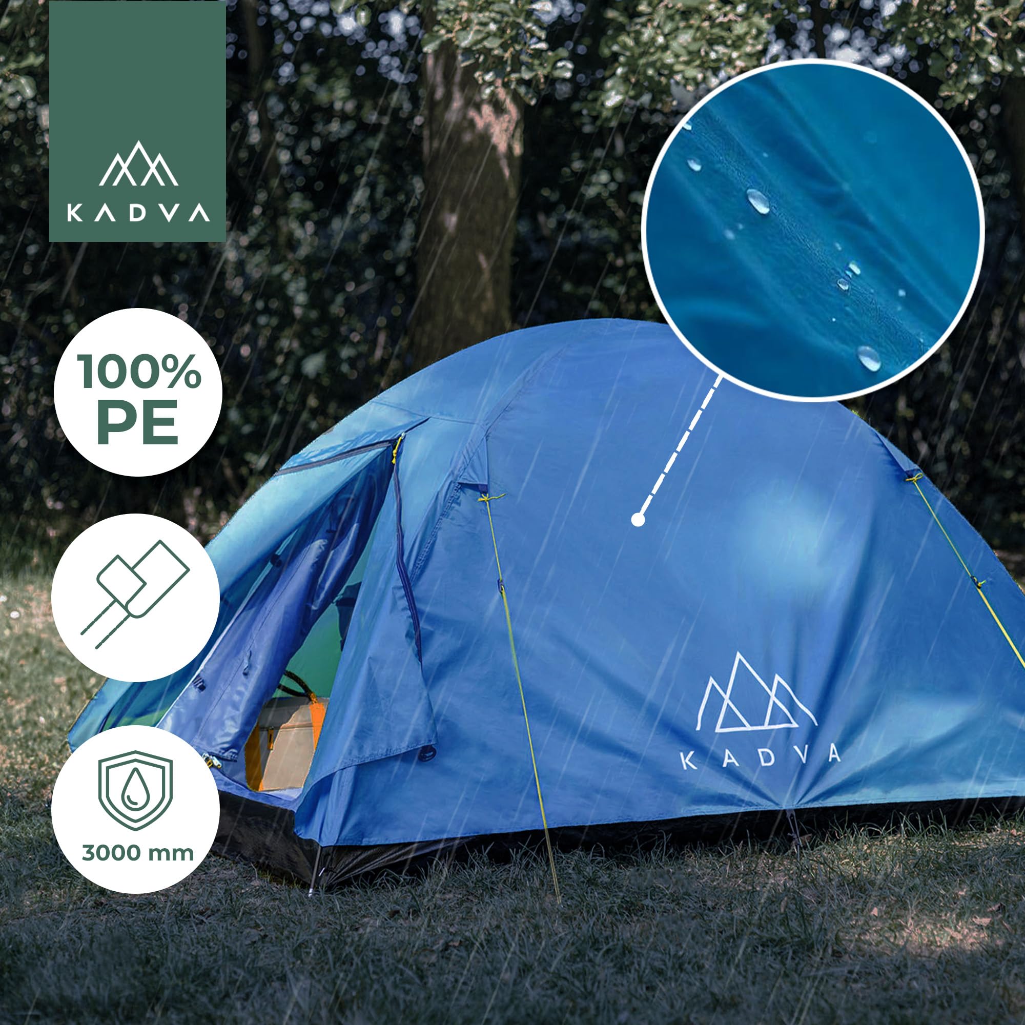 KADVA Campingzelt Festa 2 Zelt 200 x 120 x 105 cm für 2 Personen mit Moskitonetz Wasserdichtes Leichtes und Robustes Fiberglasgestell Ideal für Camping und Wandern