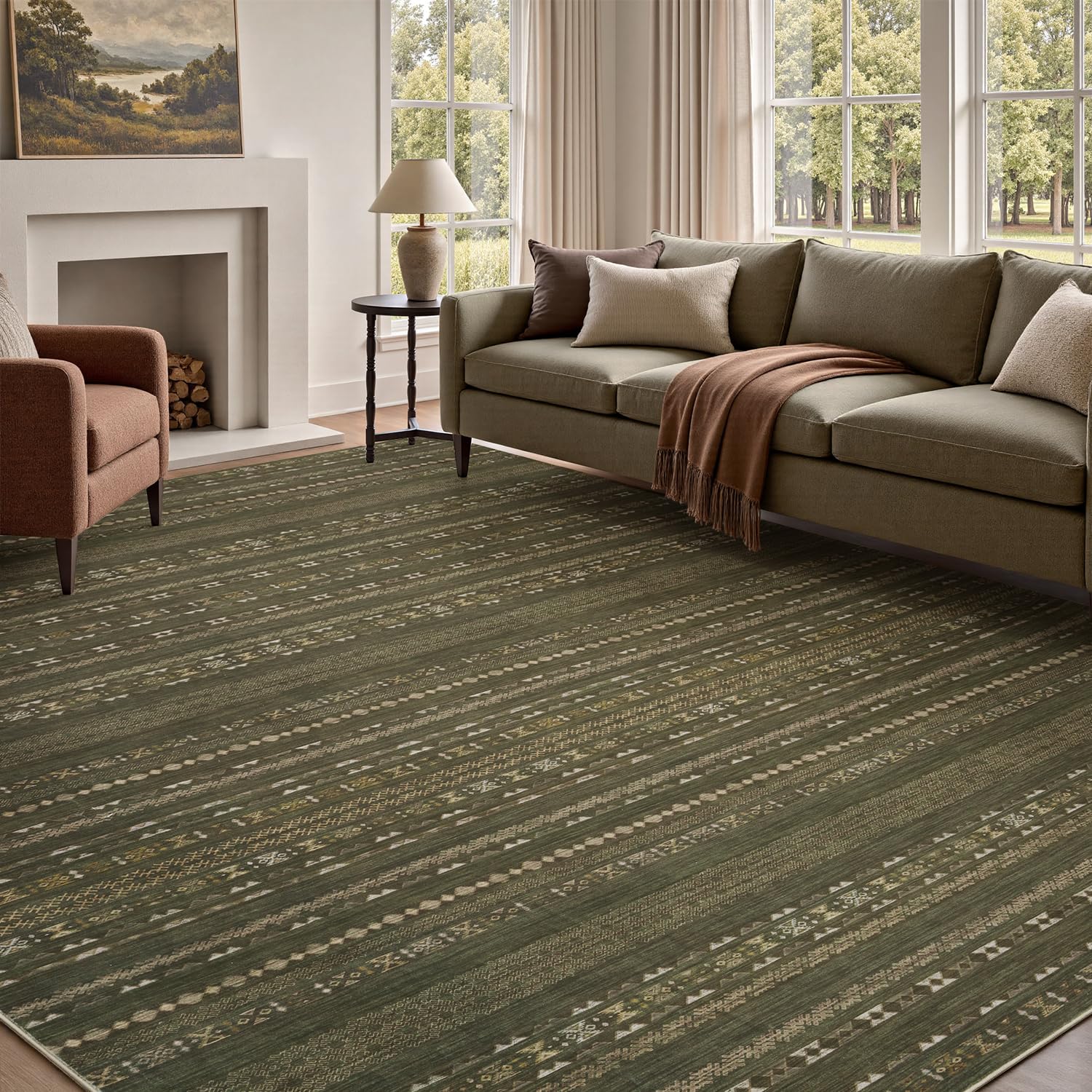Green Area Rug 8x10 Carpet-Rugs for Living Room Distressed Moroccan-Machine Washable Rugs for Bedroom Dining Room Living Room Rug Modern Boho Rug