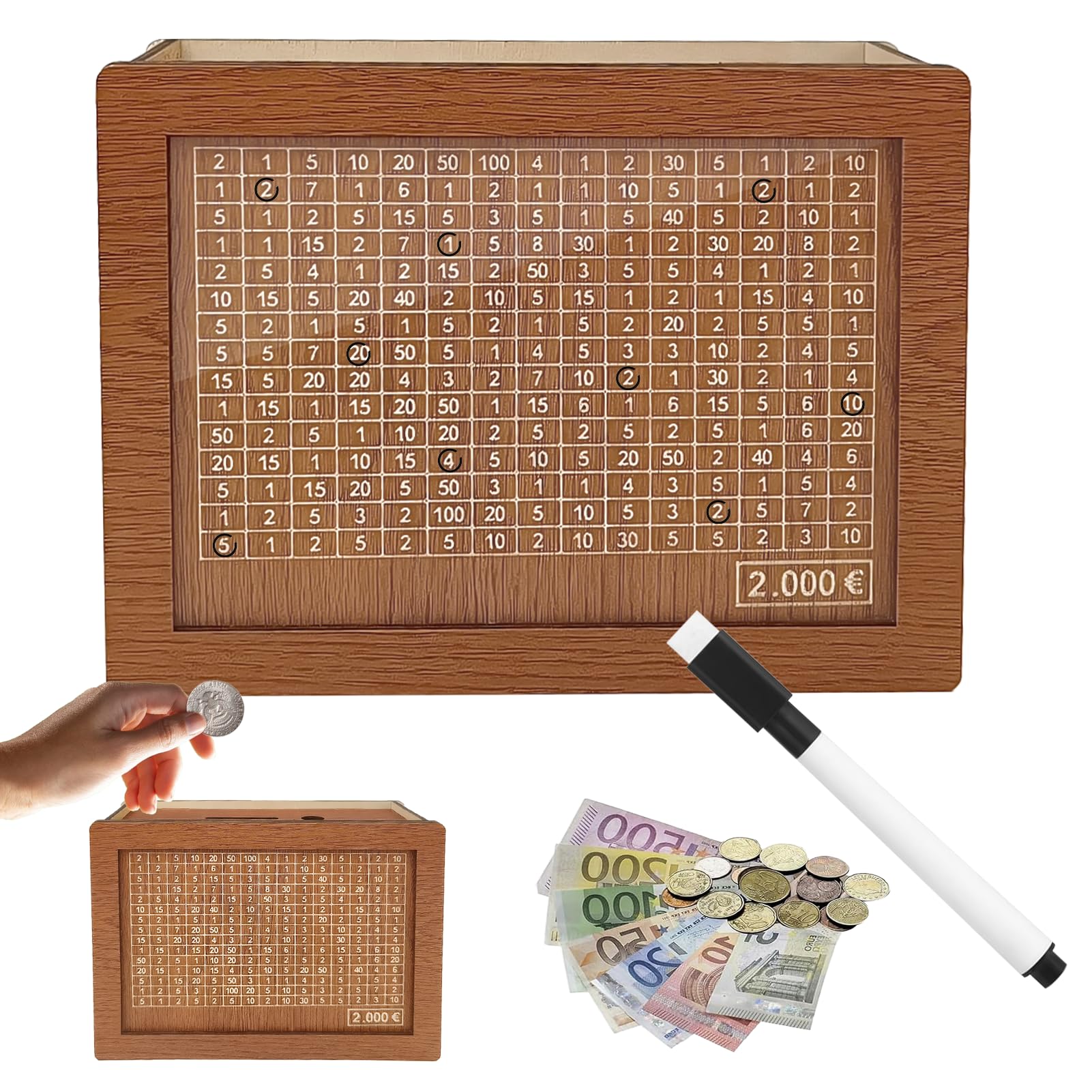 JWDMHSJ Spardose aus Holz, spardose mit zähler, sparbox mit Zahlen ankreuzen, sparschwein aus Holz mit zähler, Wiederverwendbare Spardose, für Erwachsene und Kinder mit Sparziel (2000€)