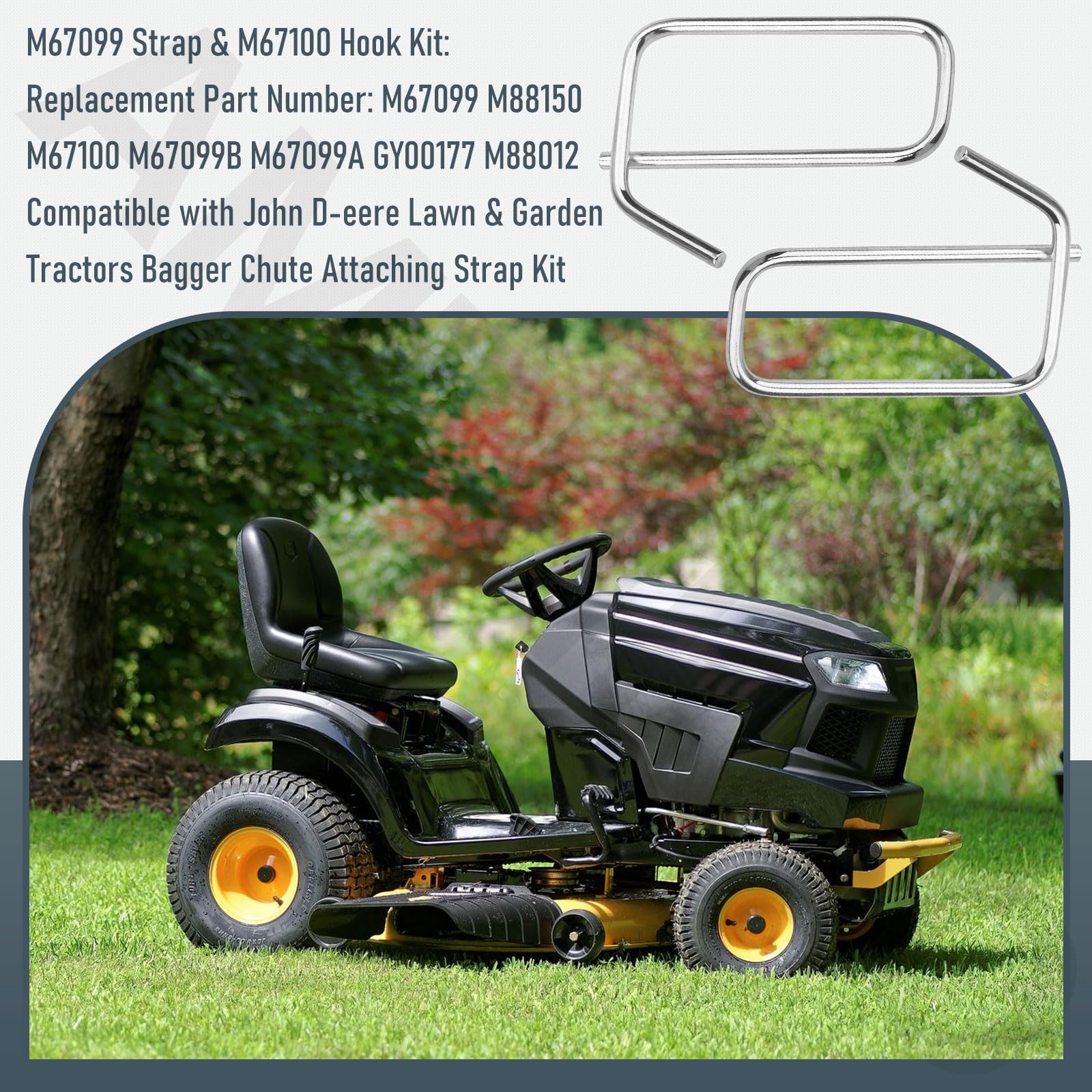 Kit de correa M67099 y gancho M67100 compatible con tractores John-Deere Lawn & Garden Tractores Bagger Chute Kit de correa de fijación para John-Deere F Z LA X LT Series, reemplaza M88150 M67099B